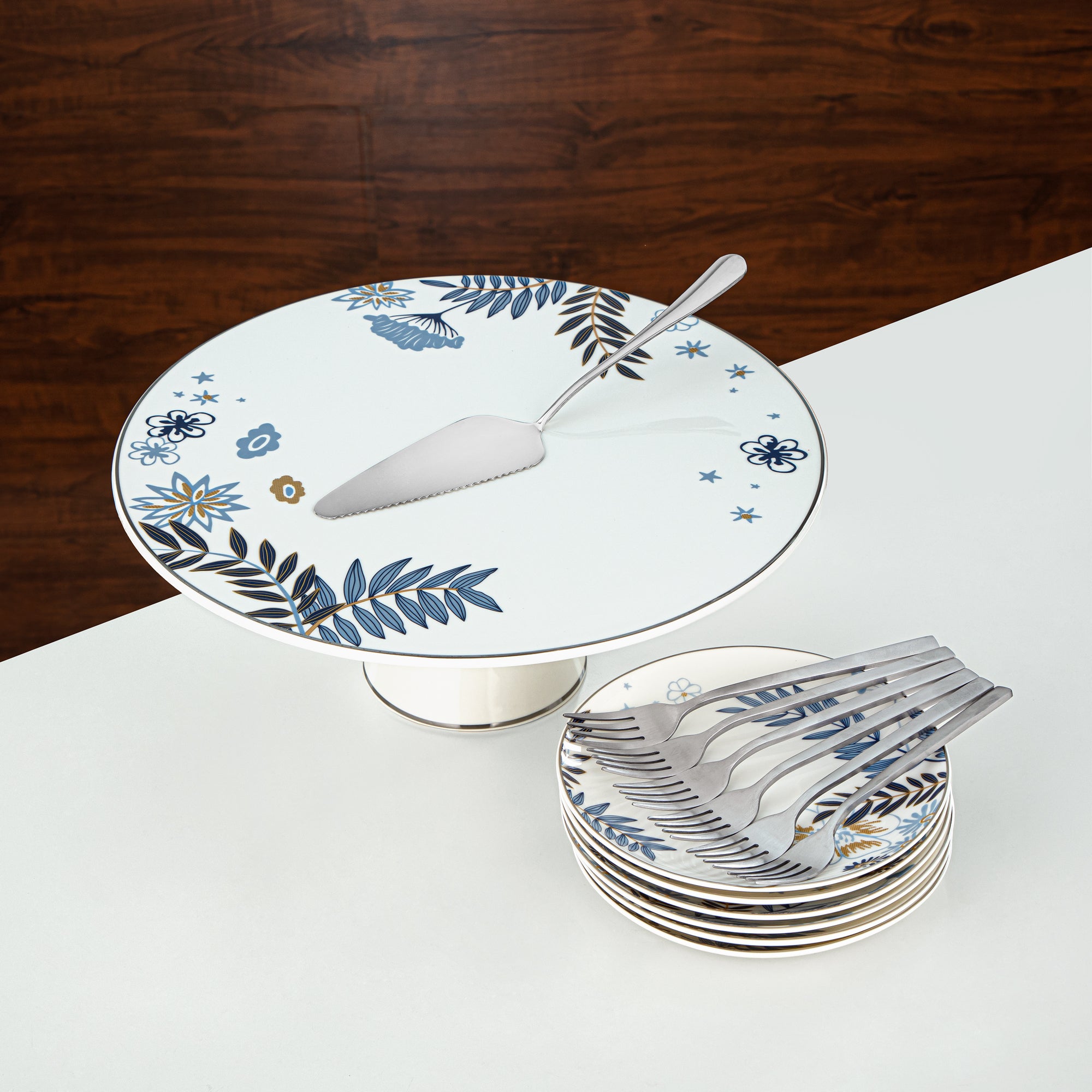 Almarjan Cake Serving Set Porcelain & Stainless Steel 14 Pieces (14PCS-12196) – Blue Botanical Dessert Collection