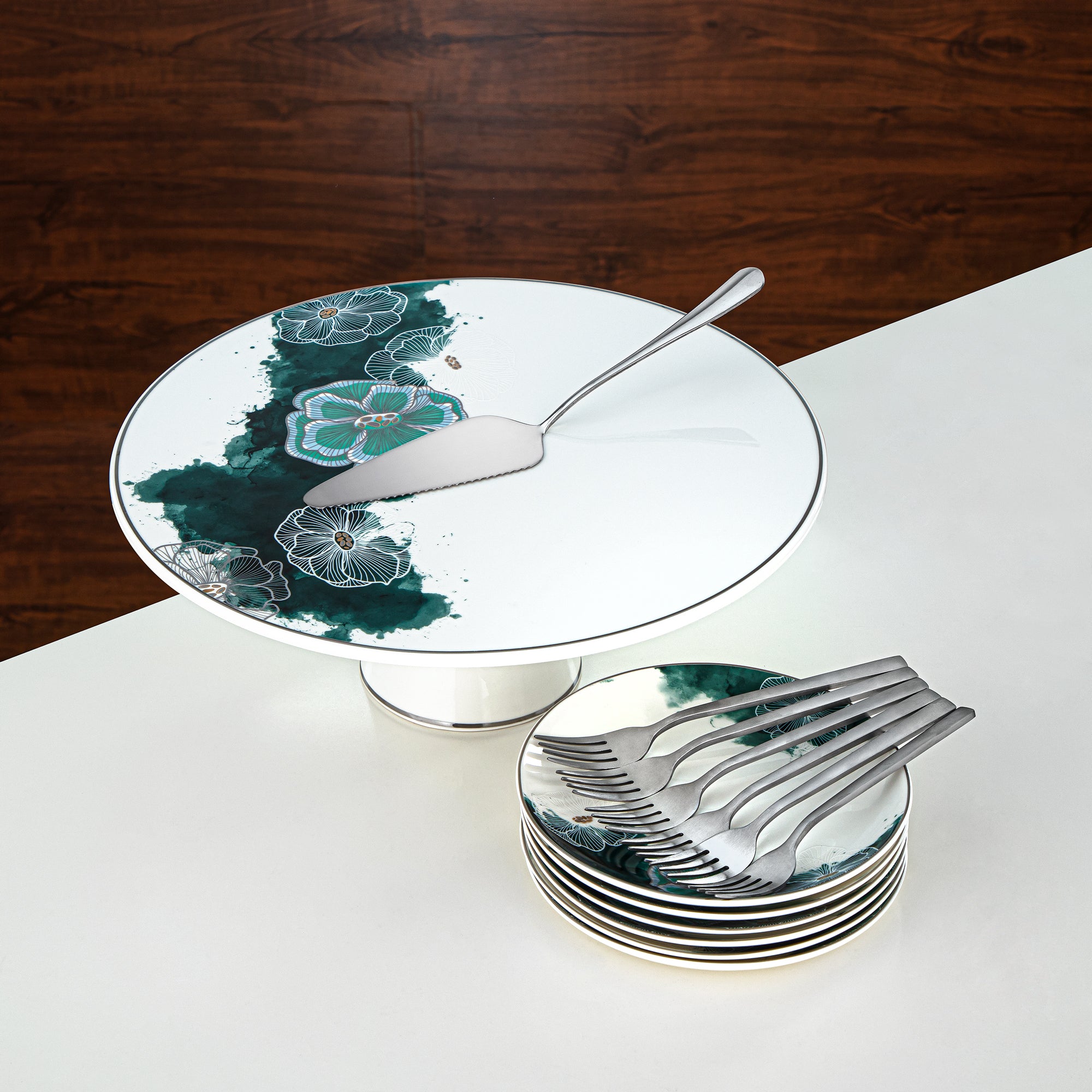 طقم تقديم كعك المرجان بورسلين وستانلس ستيل 14 قطعة (14PCS-12257) – مجموعة حلويات إيميرالد بلوم