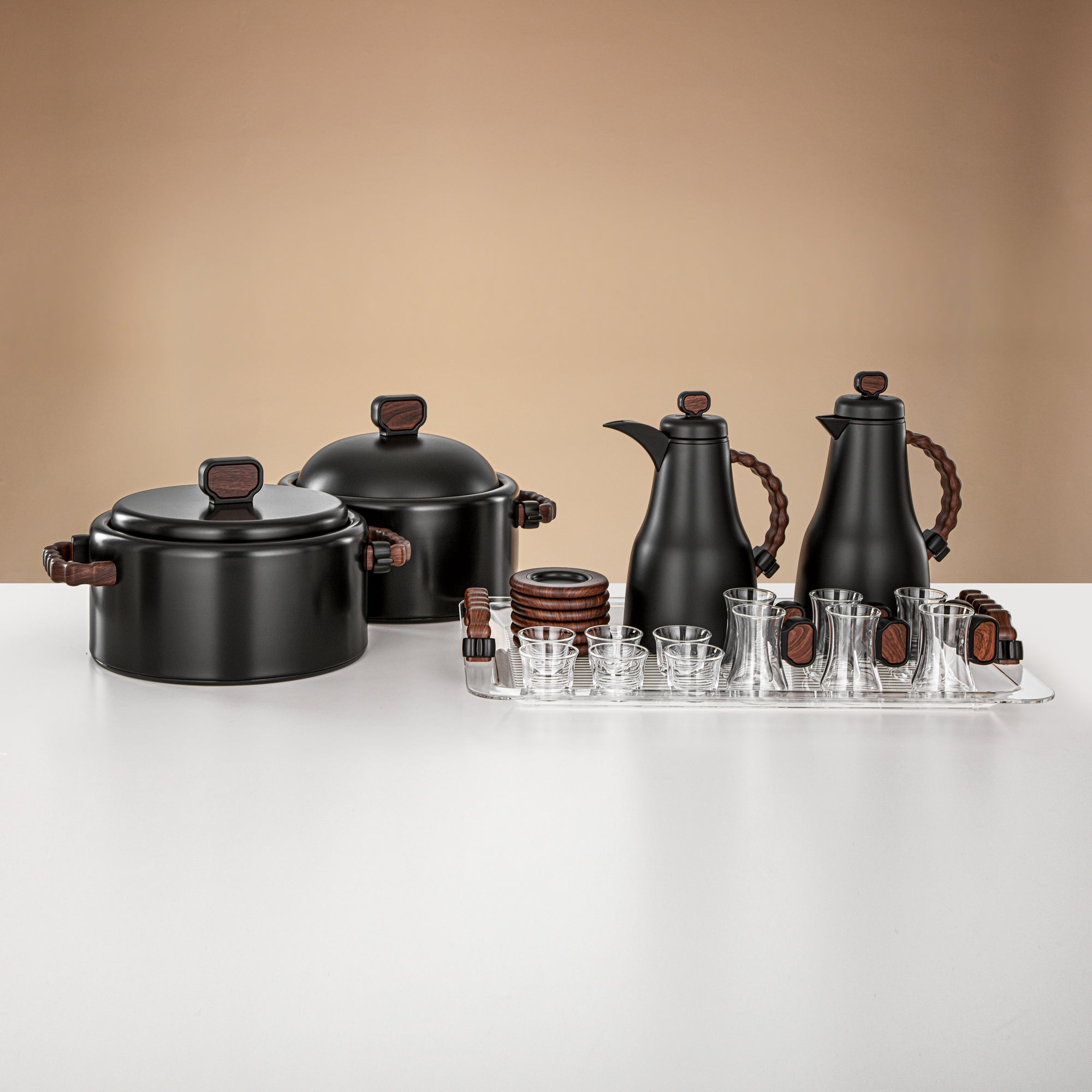 Almarjan 23 Pieces Serving Set, Matt Black & Dark Wood
