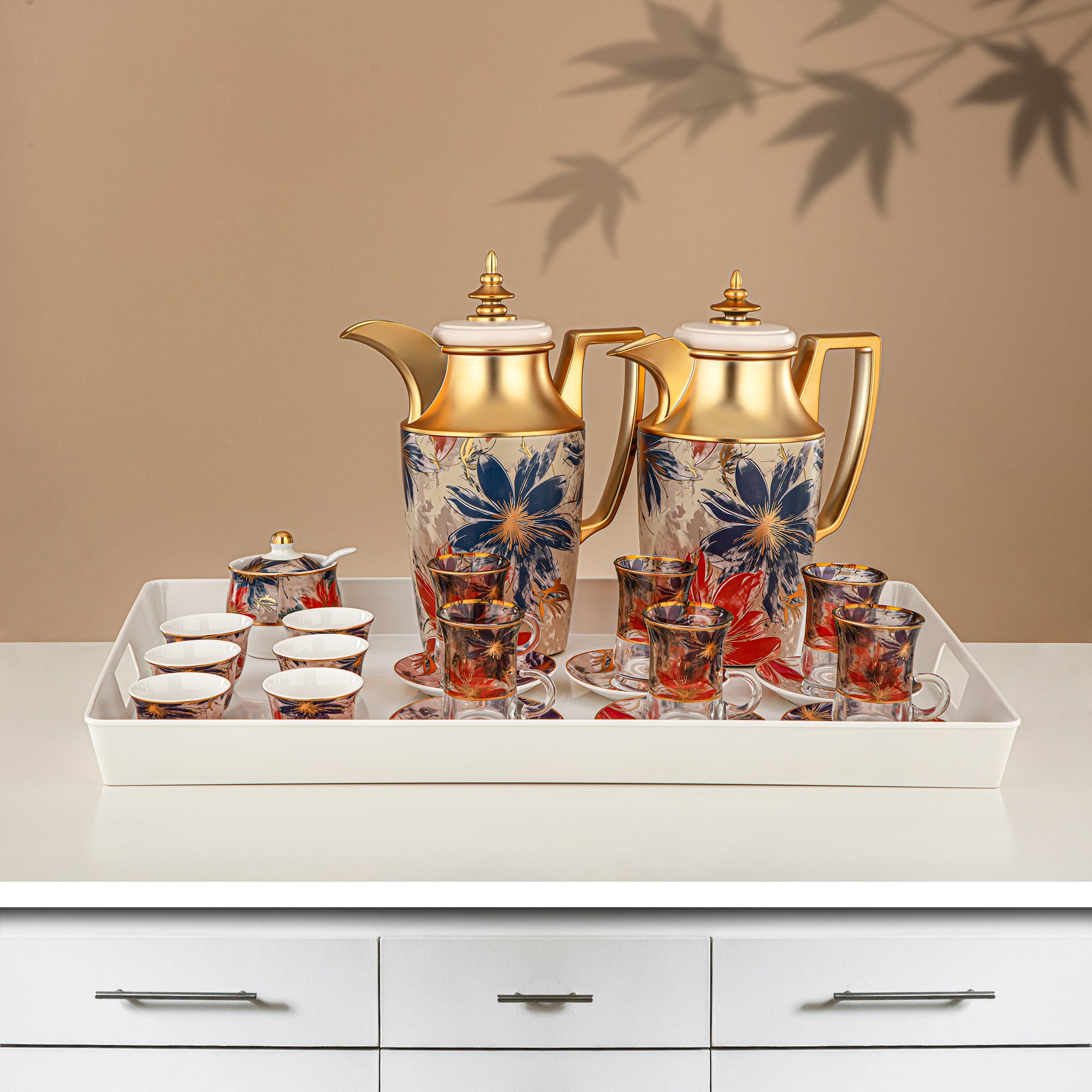 ألمرجان طقم ترامس 24 قطعة، 1 لتر + 1 لتر، مزهر ومطفي ذهبي (24-JBH-TR-AZ05G) - طقم الشاي والقهوة الكامل