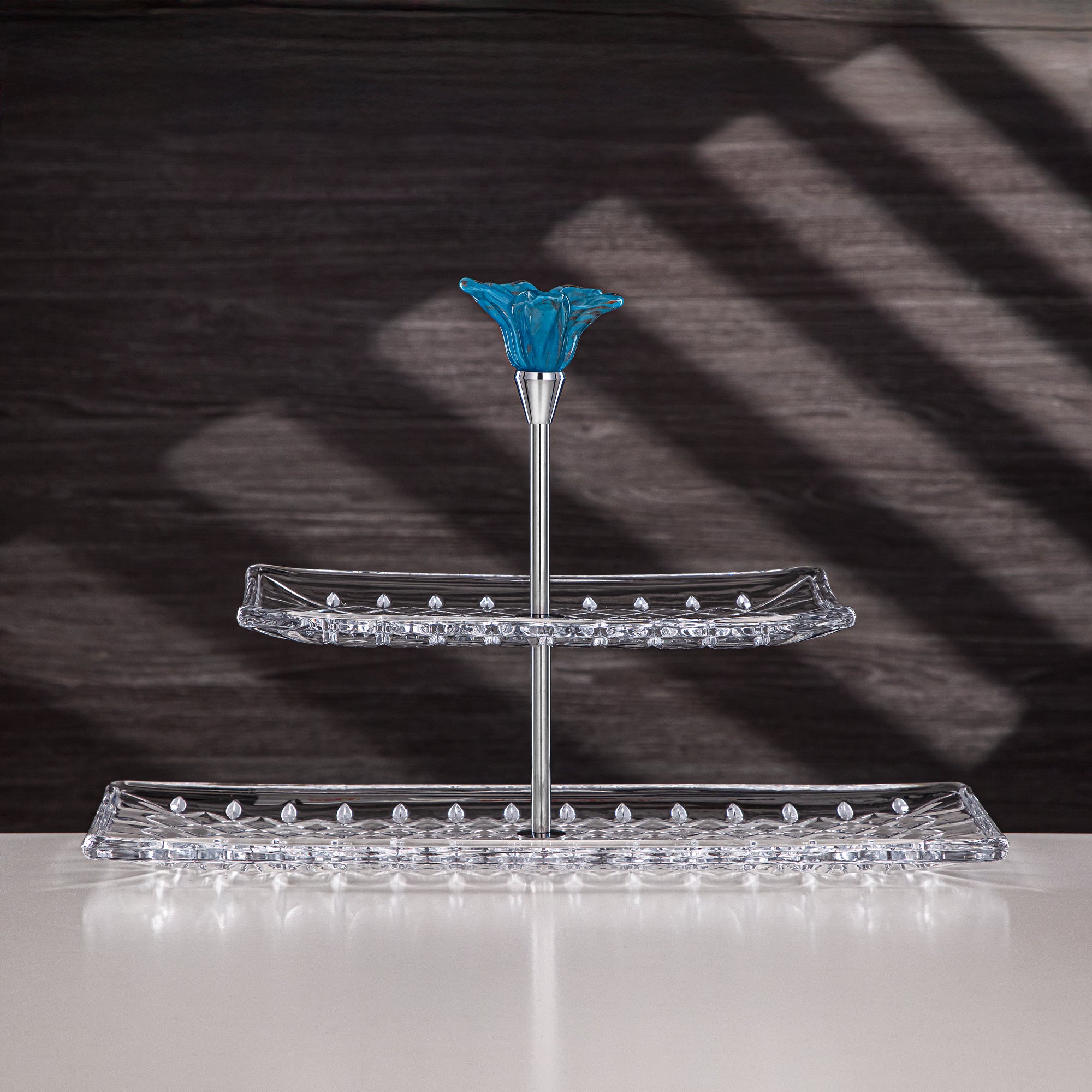 Almarjan Serveware Glass 2-Tier Rectangle Clear with Blue Flower