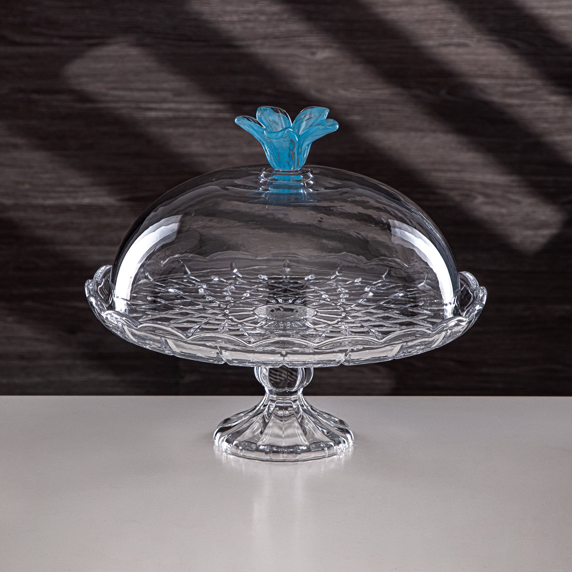 Almarjan Cake Stand Glass Round Clear with Blue Flower