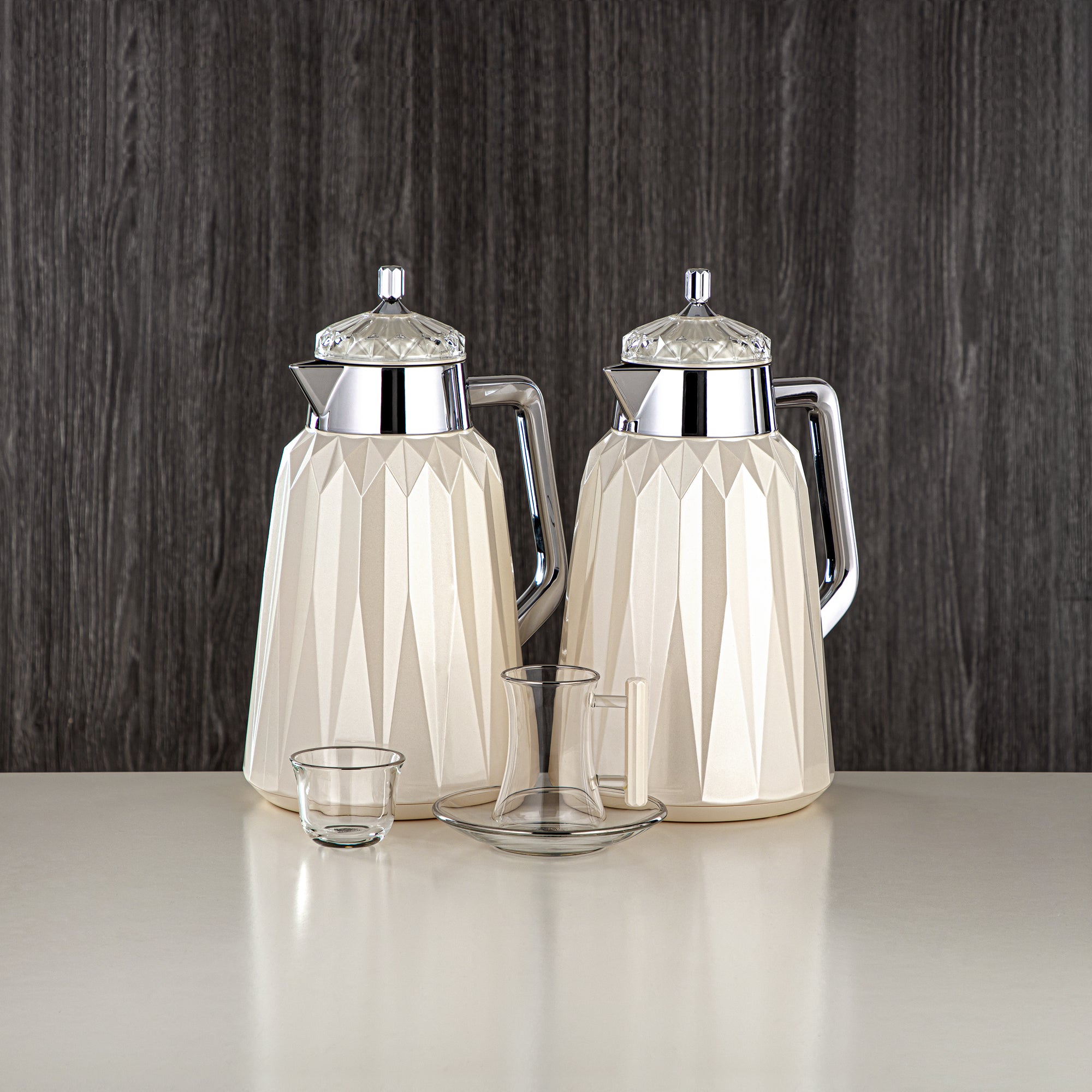 ألمرجان طقم ترامس 21 قطعة، أبيض لؤلؤي وفضي، ABS 1 لتر و1 لتر (FB209-21 PW/C) - قهوة وشاي عربي، رمضان وعيد