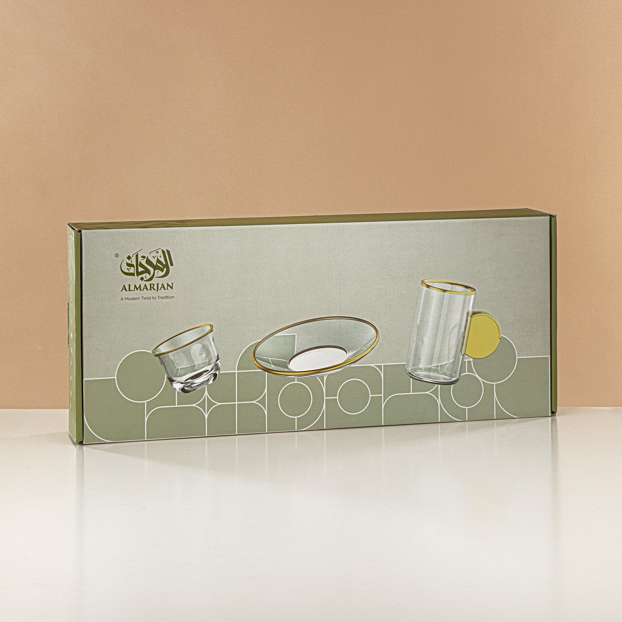 Almarjan Tea & Coffee Set 18 Pieces, Glass, Green Marble Rim & Handle (FB808-18 GM/DG) - Elegant Serveware for Tea & Coffee