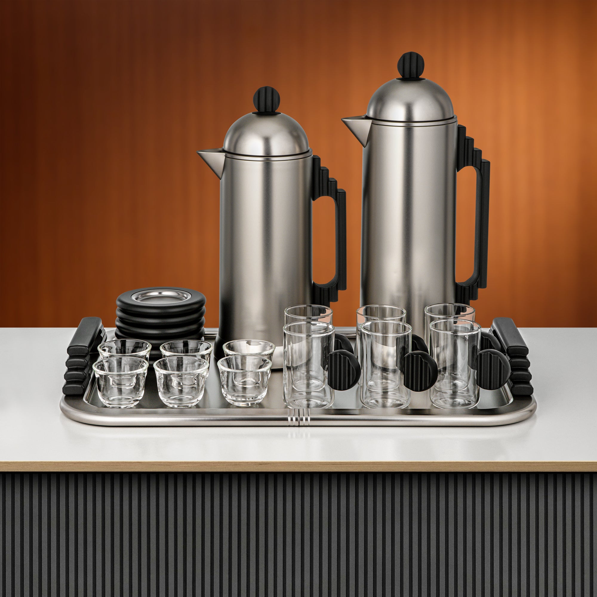 Almarjan Tea & Coffee Set 21 Pieces Matte Nickel & Black