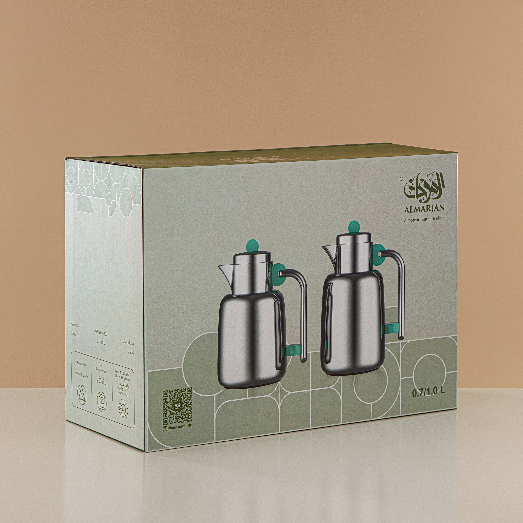 Almarjan Vacuum Flask Set - 0.7L + 1L, Silver & Tiffany Green (FG808-070/100 TF/C) - For Serving Tea & Coffee