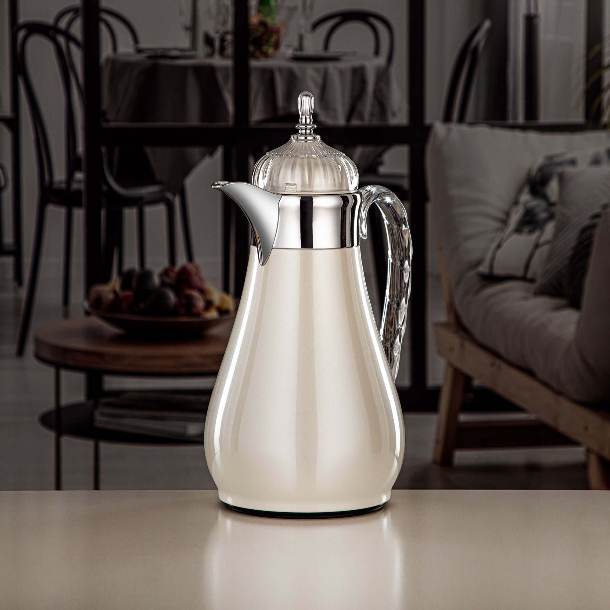 ألمرجان طقم ترامس، زر ضغط، 0.7 لتر + 1 لتر، أبيض لؤلؤي، فضي وشفاف (FG810-070/100 PW/C) - طقم ترمس أنيق