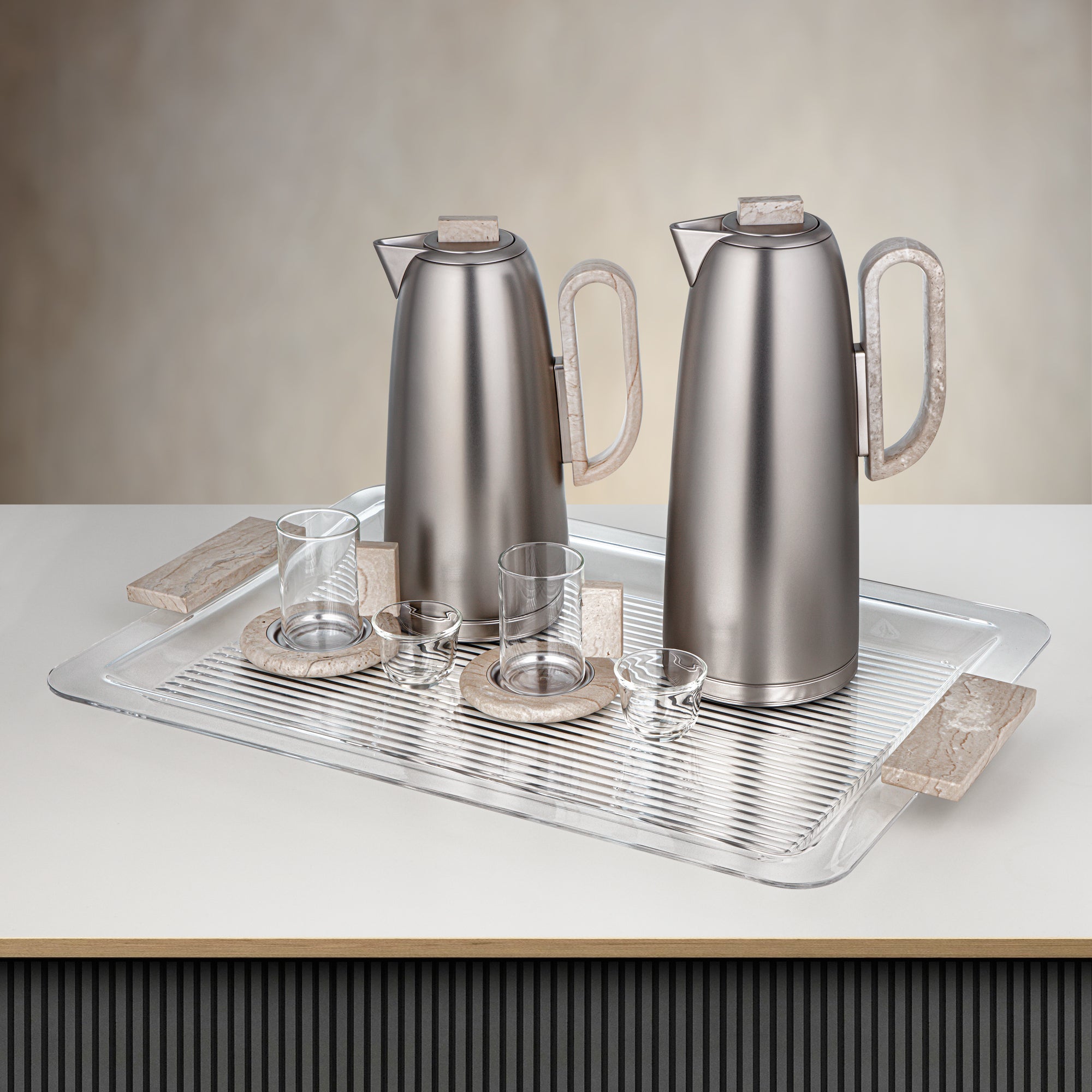 طقم تقديم الشاي والقهوة المرجان، ٢١ قطعة، معدن بلمسة نيكل غير لامع وترافرتين، ٠٫٧ لتر و١ لتر، FG816-21 TM/MNI