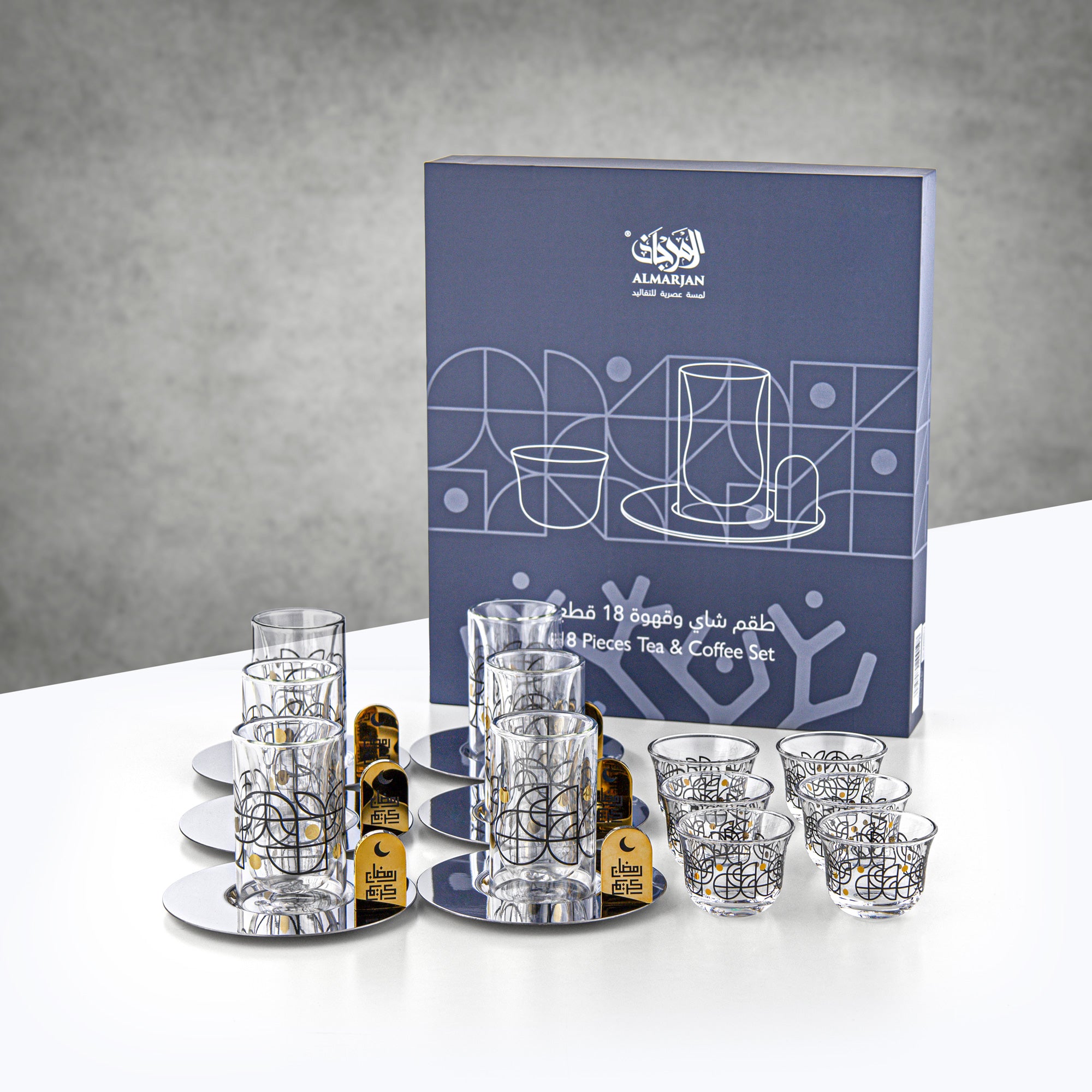 طقم شاي وقهوة المرجان، ١٨ قطعة، بنقشة سوداء وذهبية
