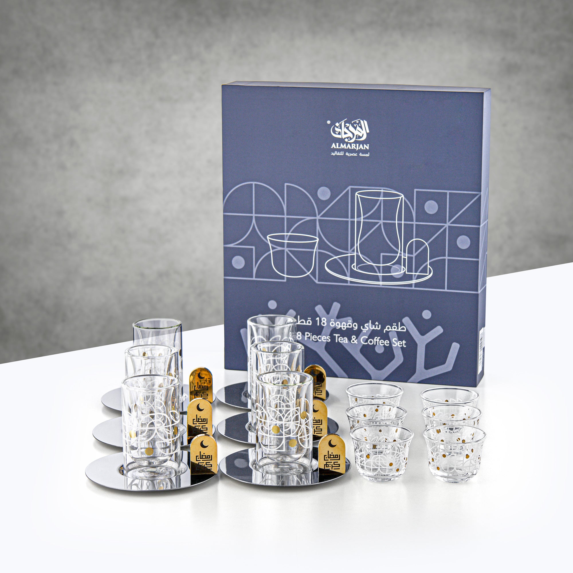 طقم شاي وقهوة المرجان، ١٨ قطعة، أبيض ونقشة ذهبية