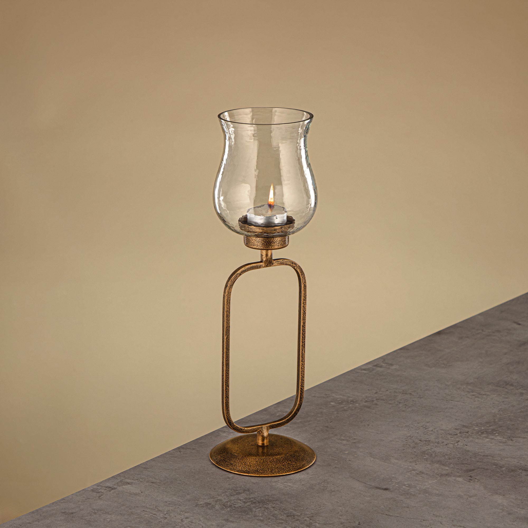 Almarjan Elemental Votive Holder Hammered Clear Glass 11x11x36 CM Antique Gold Stand (GMT2960011)