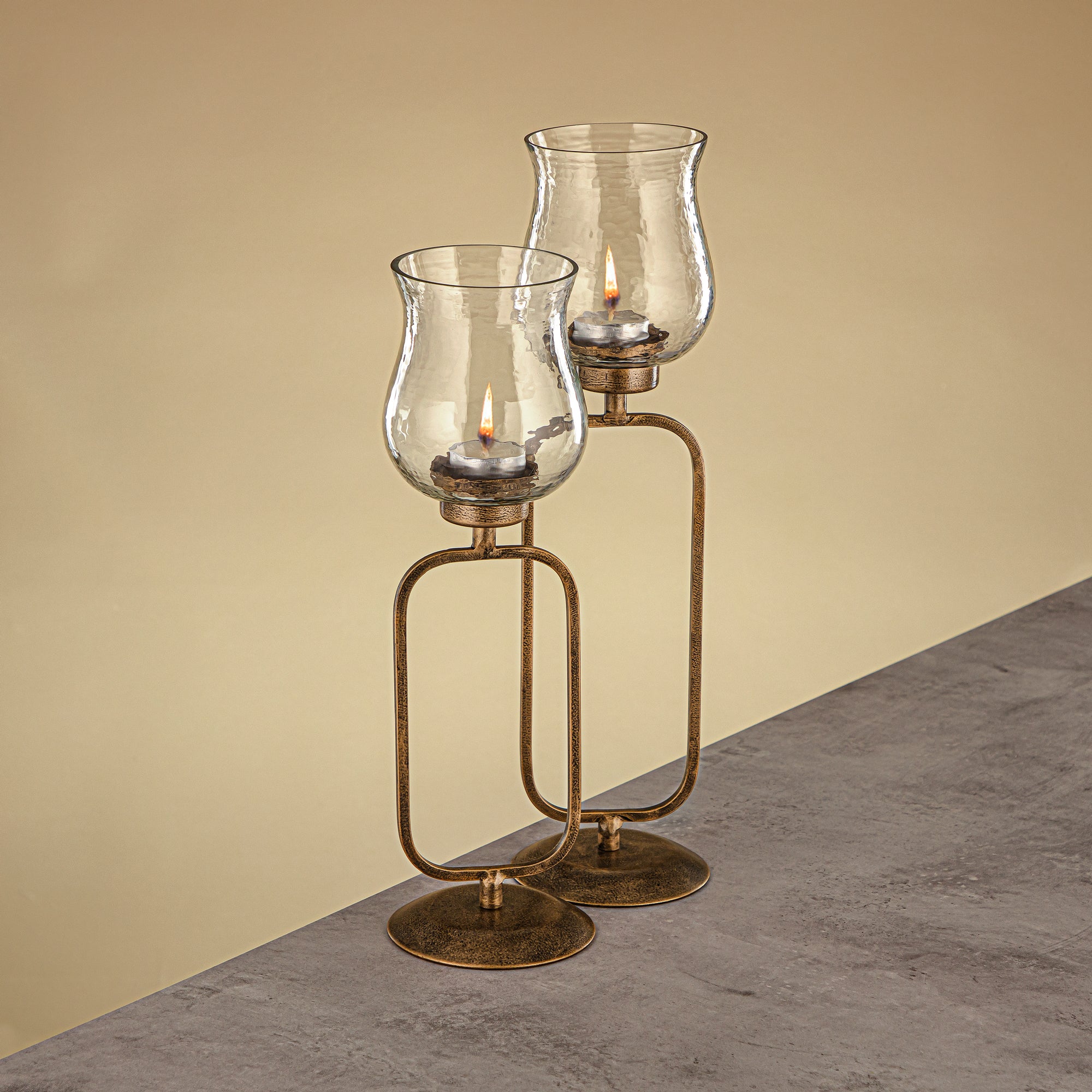 Almarjan Elemental Votive Holder Hammered Clear Glass 11x11x41 CM Antique Gold Stand (GMT2960015)