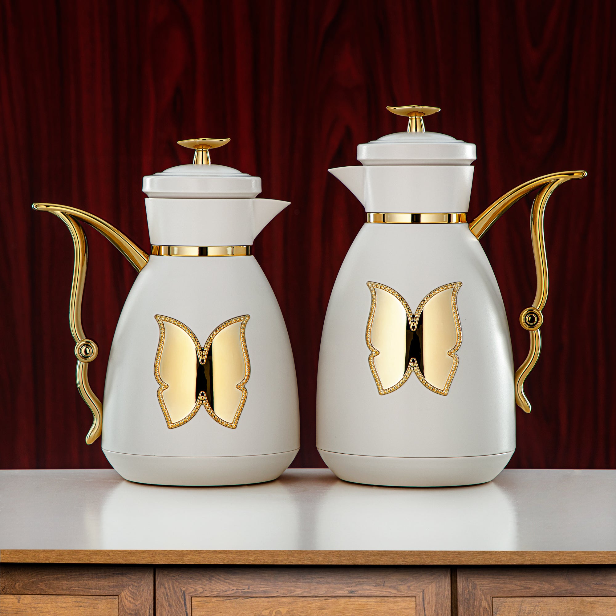 Almarjan Vacuum Flask Set Plastic Push Button 0.7L + 1L Ivory & Gold (SM-2C142-070/100 IV/G) - Tea & Coffee Flask