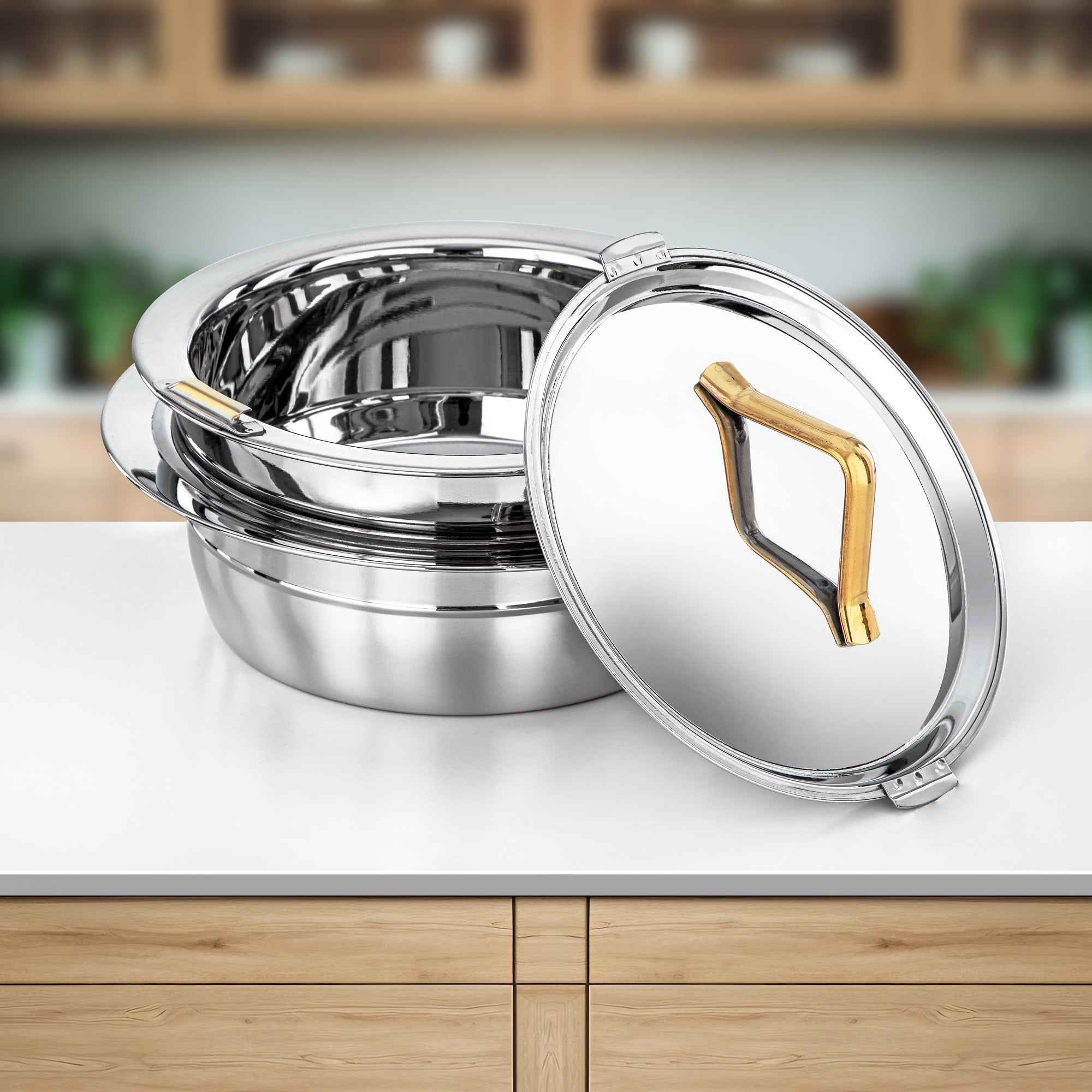 المرجان حرارات طقم ستانلس ستيل 3000ml + 4000ml + 6000ml (H25PG6) – مجموعة تارا | لمسة فضية عاكسة مع مقبض ذهبي | تقديم أنيق لشهر رمضان والتجمعات