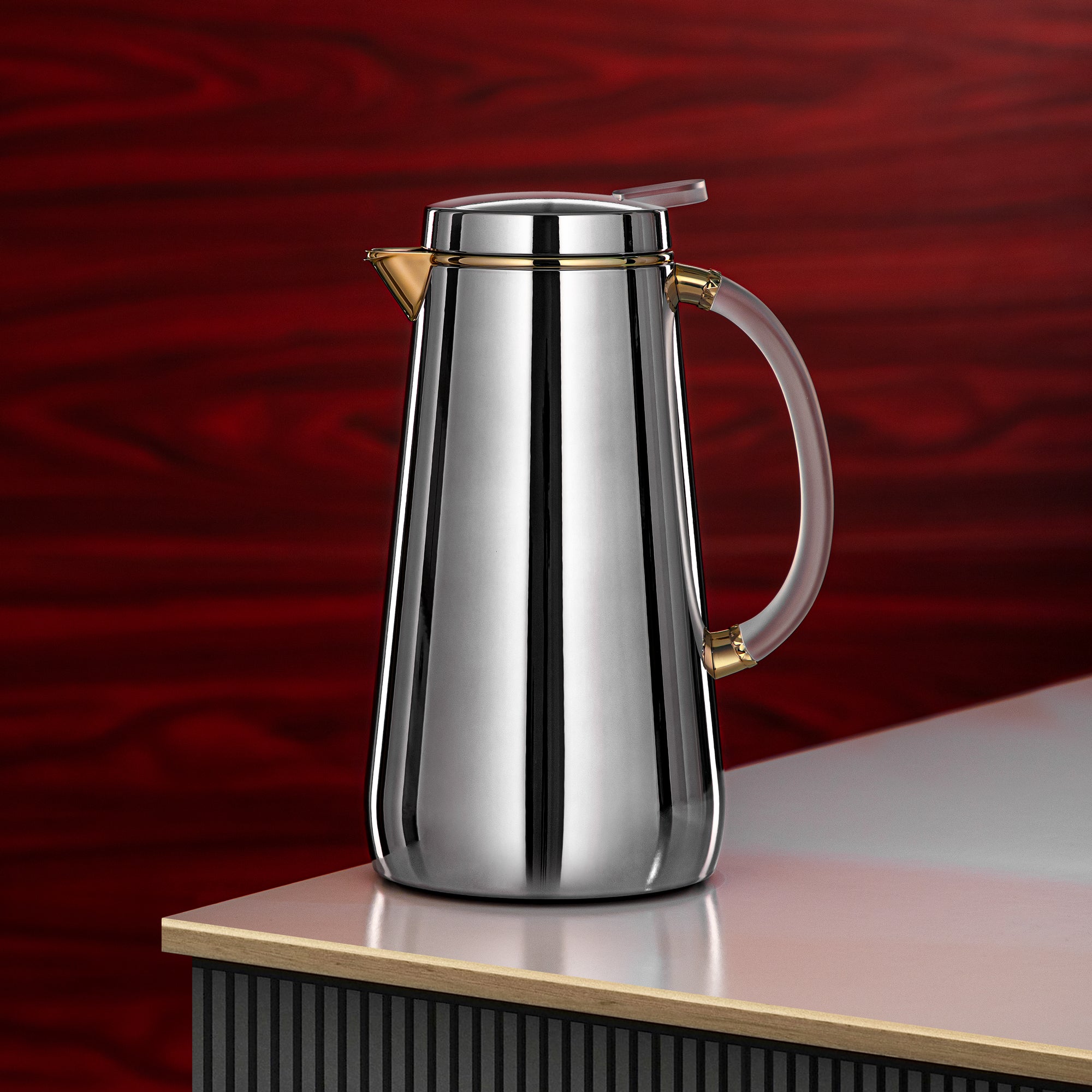 Almarjan Vacuum Flask Metal 1 Liter Silver with Golden Spout & Frost Handle (VOP-1000 CC95Y15) – Elegant Serving | Ramadan & Gatherings