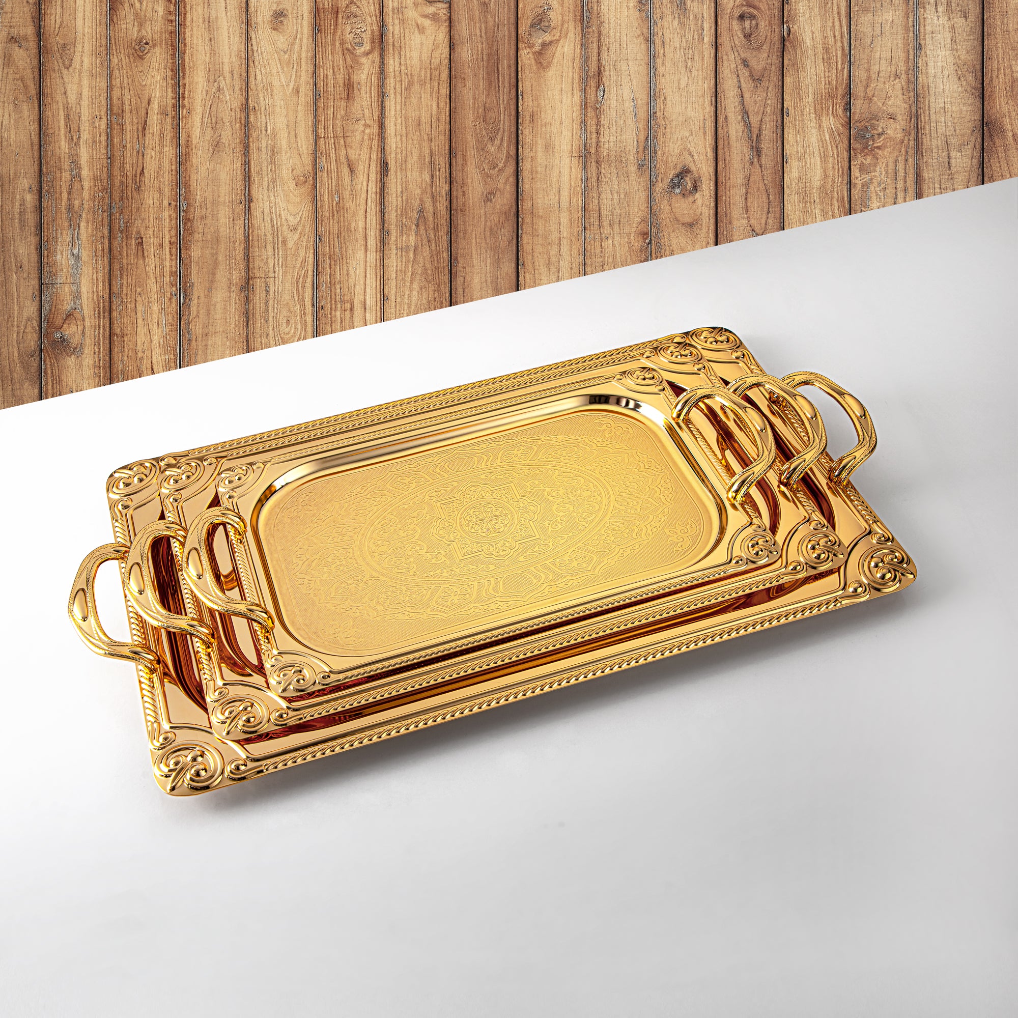 Almarjan Serving Tray Set - 3 Pieces, Golden (307XLLM-FG) | Ramadan & Special Occasions