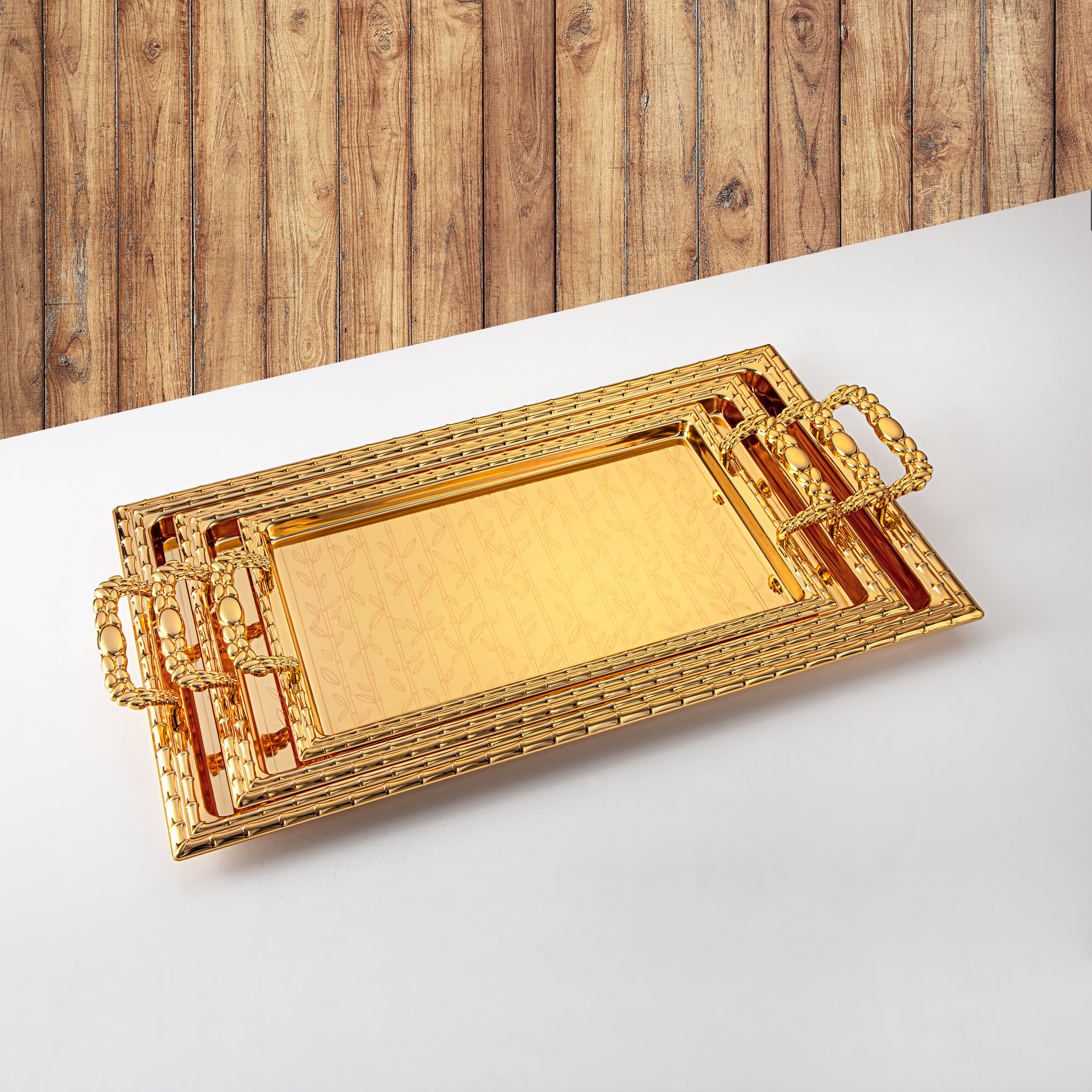 Almarjan Serving Tray Set - 3 Pieces, Golden (335XLLM-FG) | Ramadan & Special Occasions