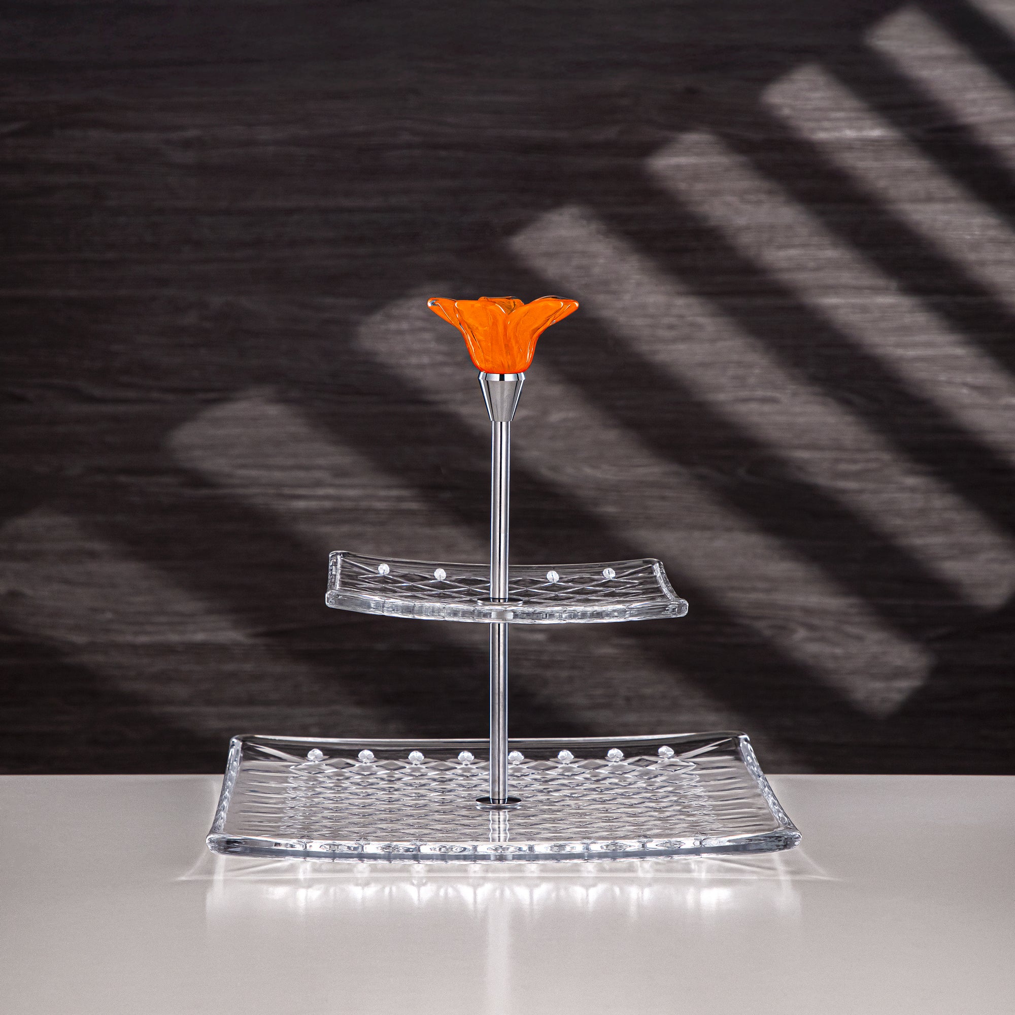 Almarjan Serveware Glass 2-Tier Square Clear with Orange Flower