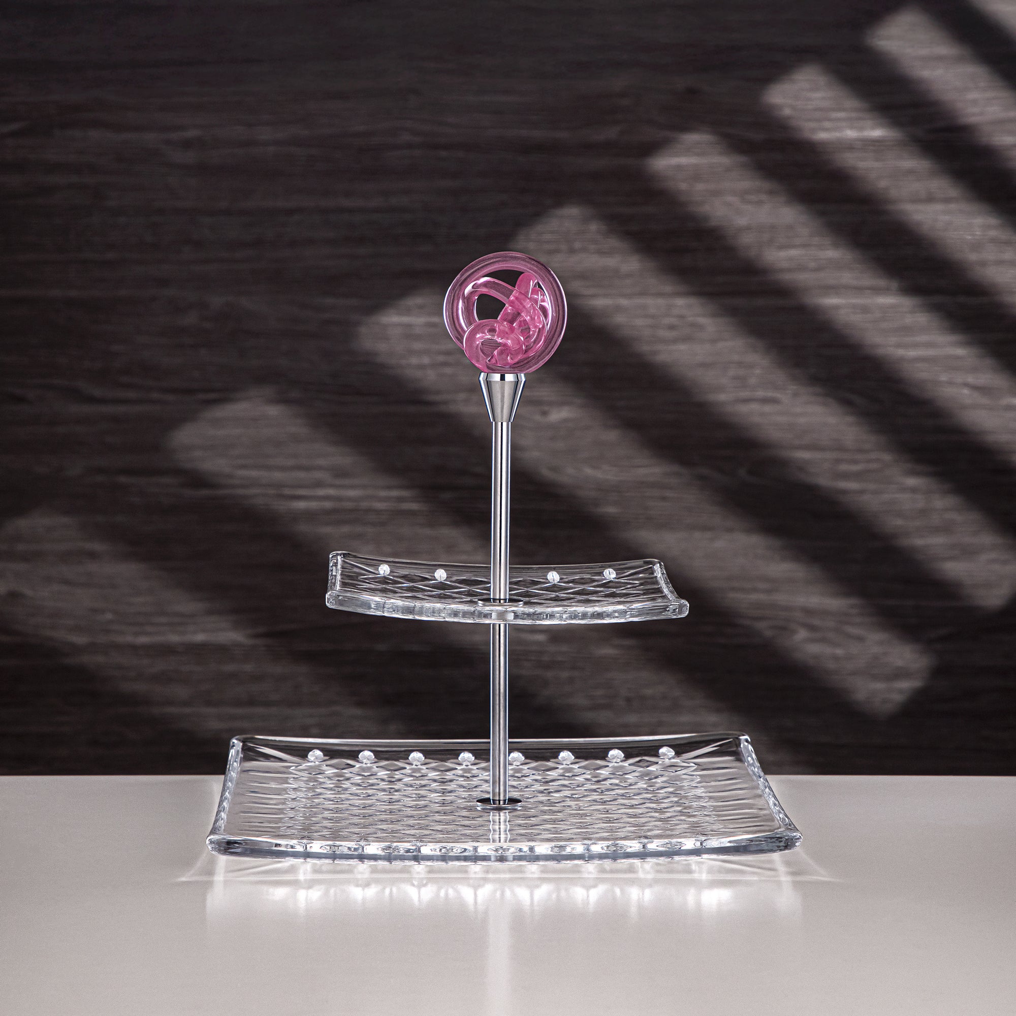 المرجان طقم تقديم زجاجي بطبقتين مربع شفاف مع عقدة وردية