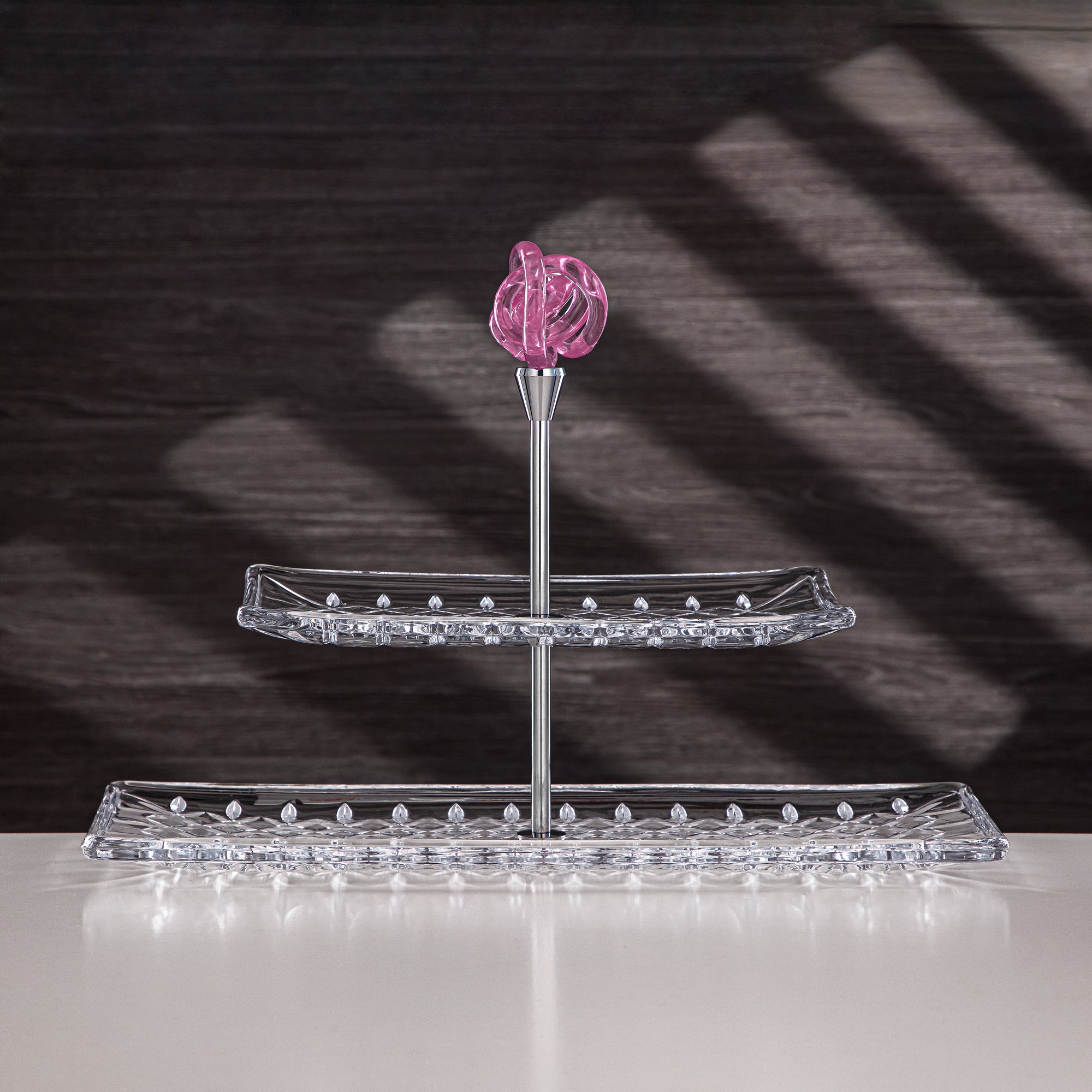 Almarjan Serveware Glass 2-Tier Rectangle Clear with Pink Knot