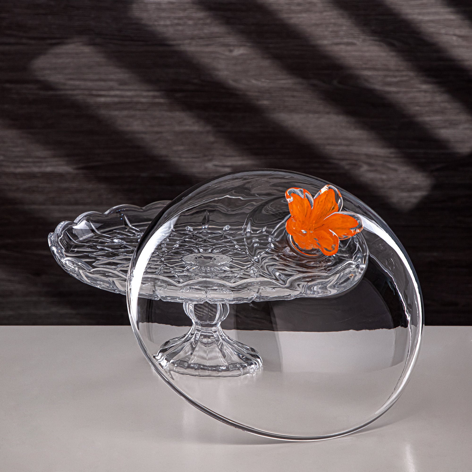 Almarjan Cake Stand Glass Round Clear with Orange Flower