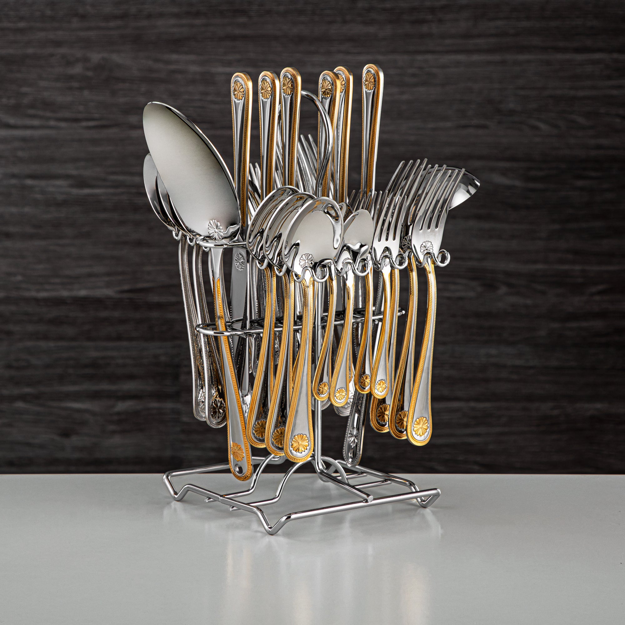 Almarjan Cutlery Set 32 Pieces, Stainless Steel, With Stand, Silver & Gold (CUT0010358) Elegant Cutlery Set