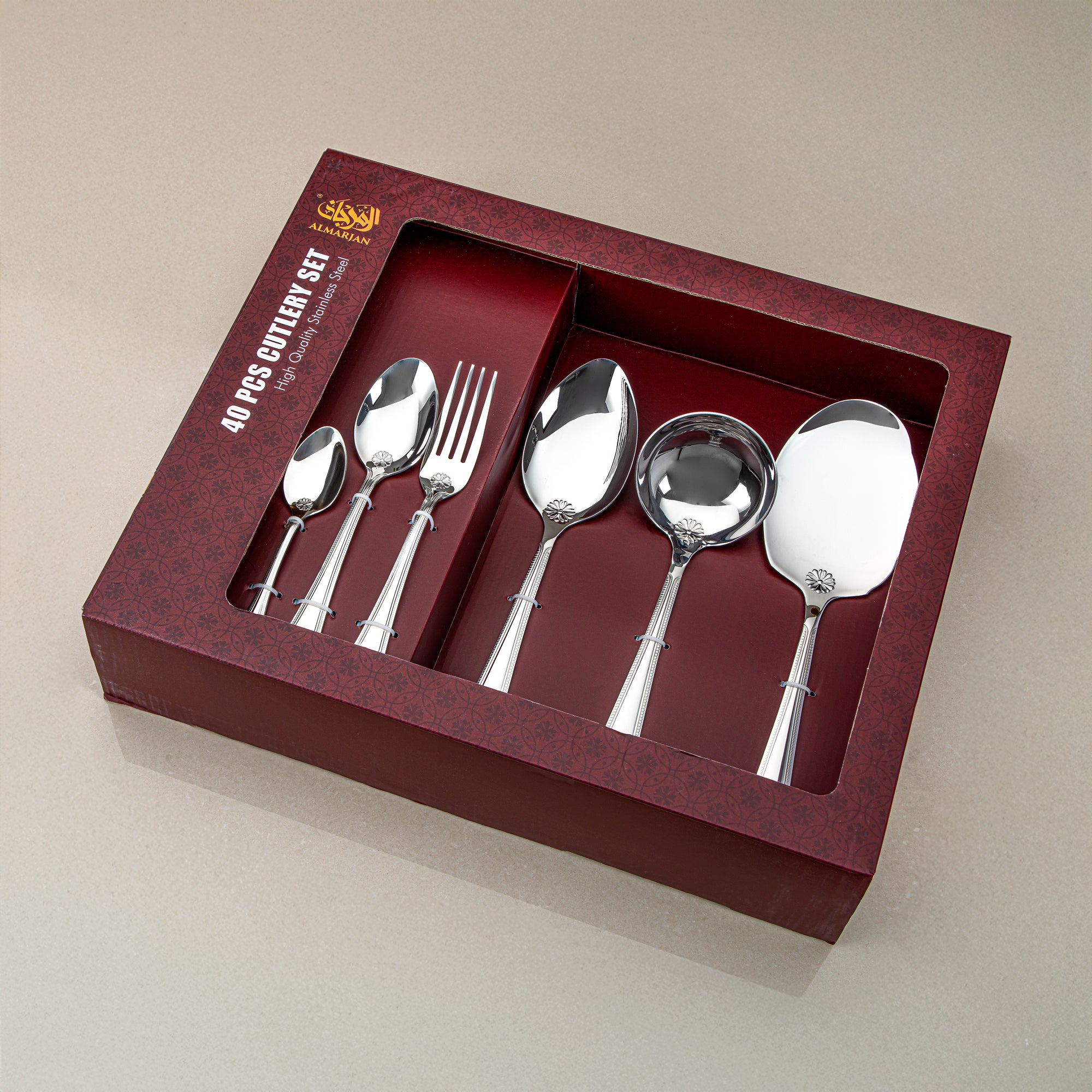 Almarjan Cutlery Set 40 Pieces, Stainless Steel, Silver (CUT0010377) Elegant Cutlery Set