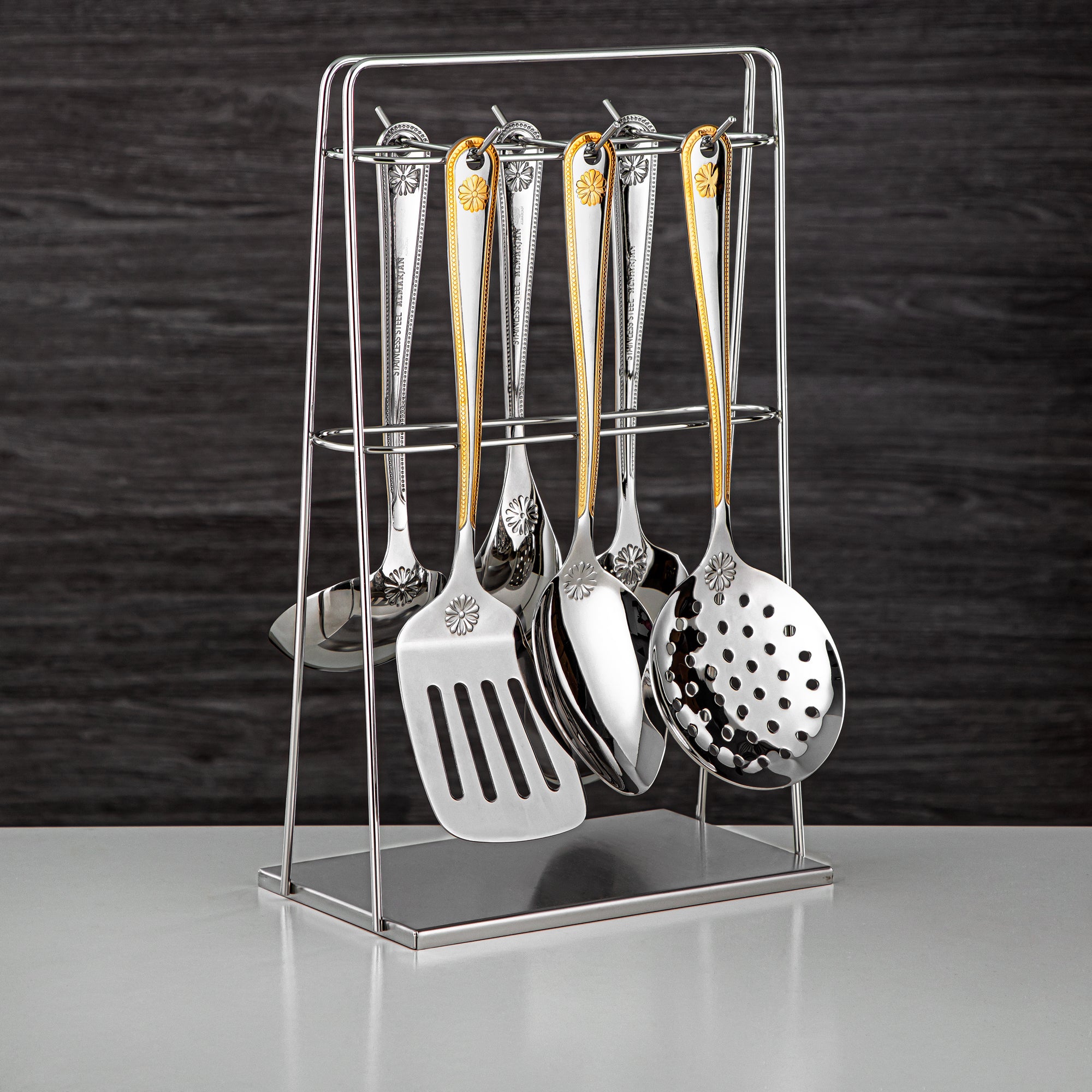 Almarjan Kitchen Tool Set 7 Pieces, Stainless Steel, With Stand, Silver & Gold (CUT0010382) Elegant Flatware