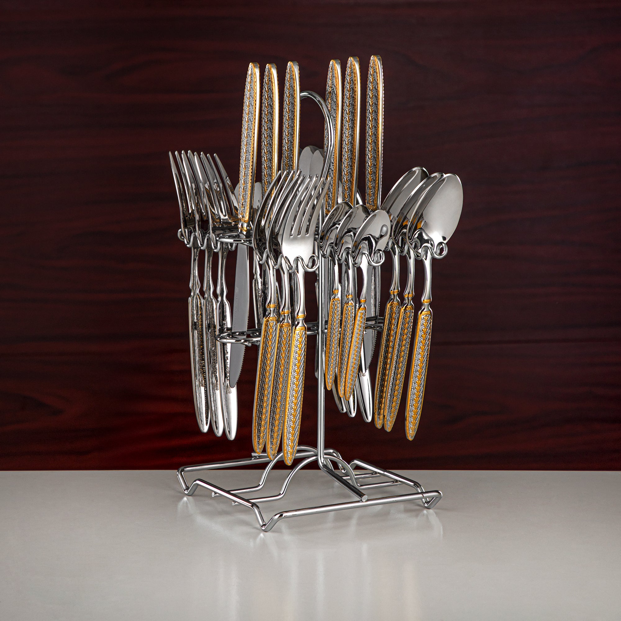 Almarjan Cutlery Set 24 Pieces, Stainless Steel, With Stand, Silver & Gold (CUT0010438) Elegant Cutlery Set