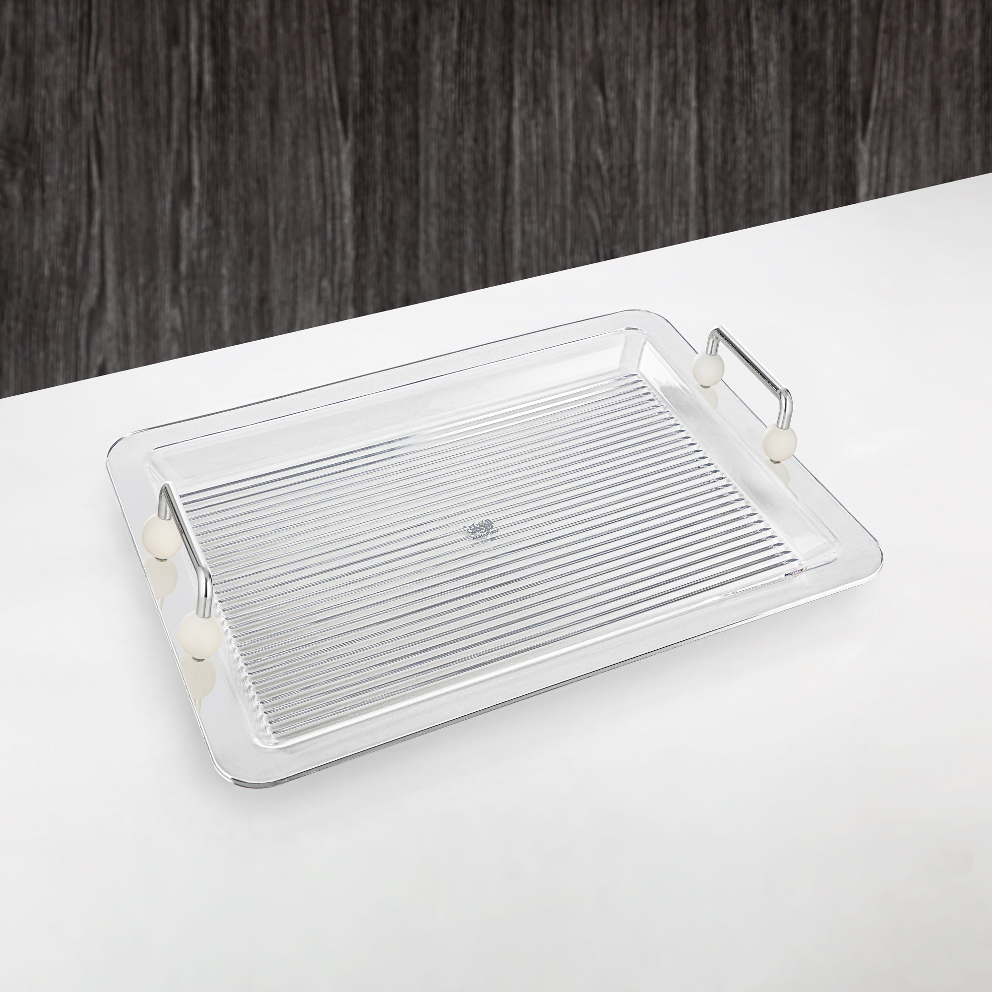 Almarjan Serving Tray 55CM, Acrylic, Silver & Pearl White Handle (FB03-550 PW/C) Ramadan Serveware