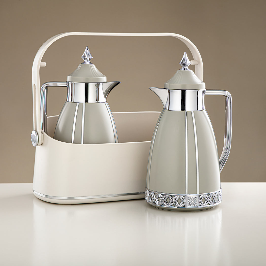 Almarjan 2 Pieces Vacuum Flask Set With Carrying Basket Soft Grey & Silver - FB208-05 SG/C