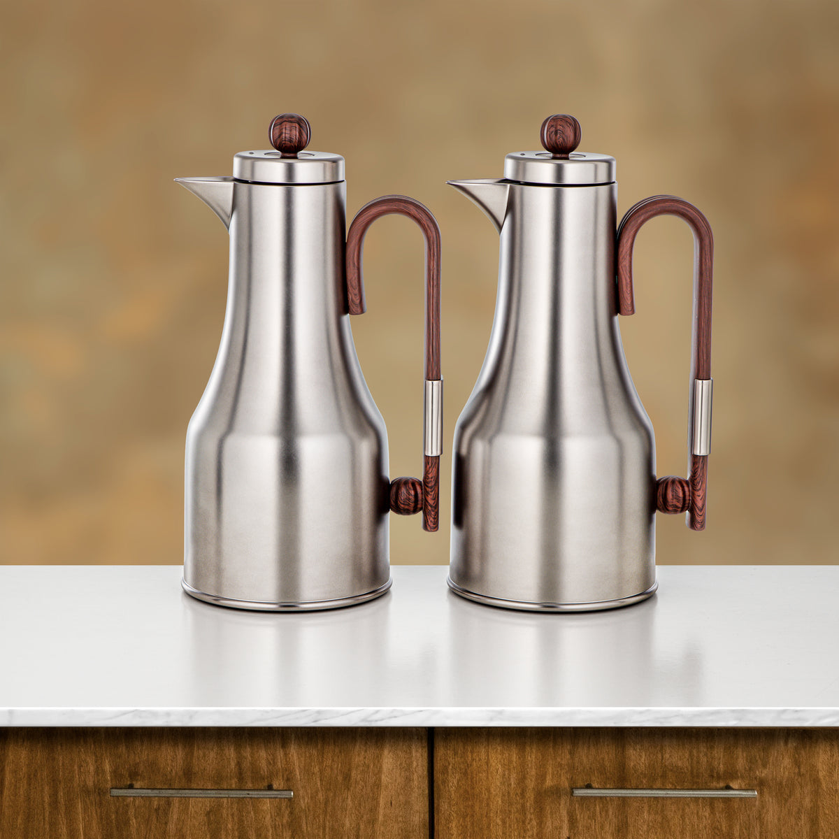 Almarjan 2 Pieces Vacuum Flask Set, Matt Nickel & Dark Wood