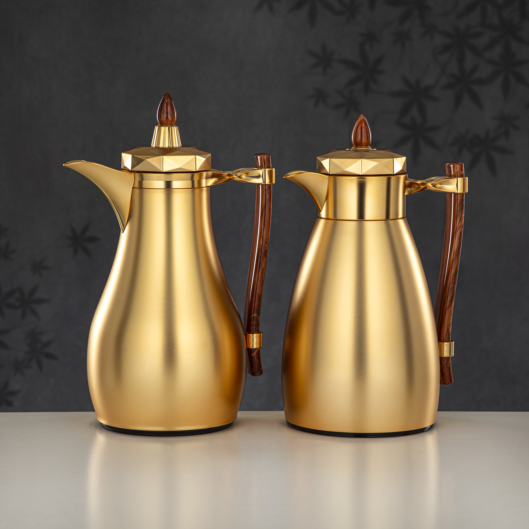 Almarjan Vacuum Flask Set, Push Button - 1L + 1L, Matt Gold & Mahogany (FG806AB-100 MG/PBR) - Tea & Coffee Tradition