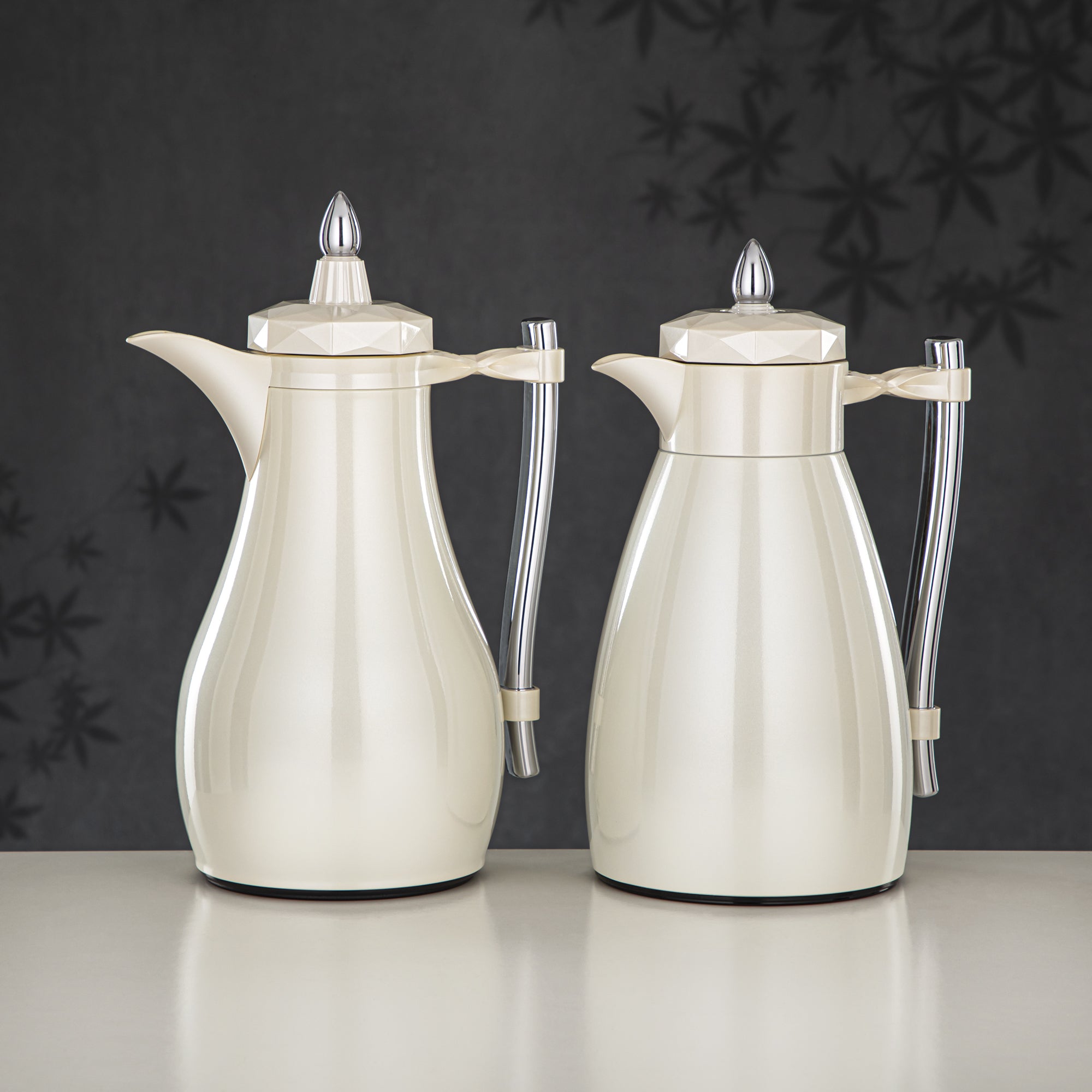 Almarjan Vacuum Flask Set, Push Button - 1L + 1L, Pearl White & Silver (FG806AB-100 PW/C) - Tea & Coffee Tradition