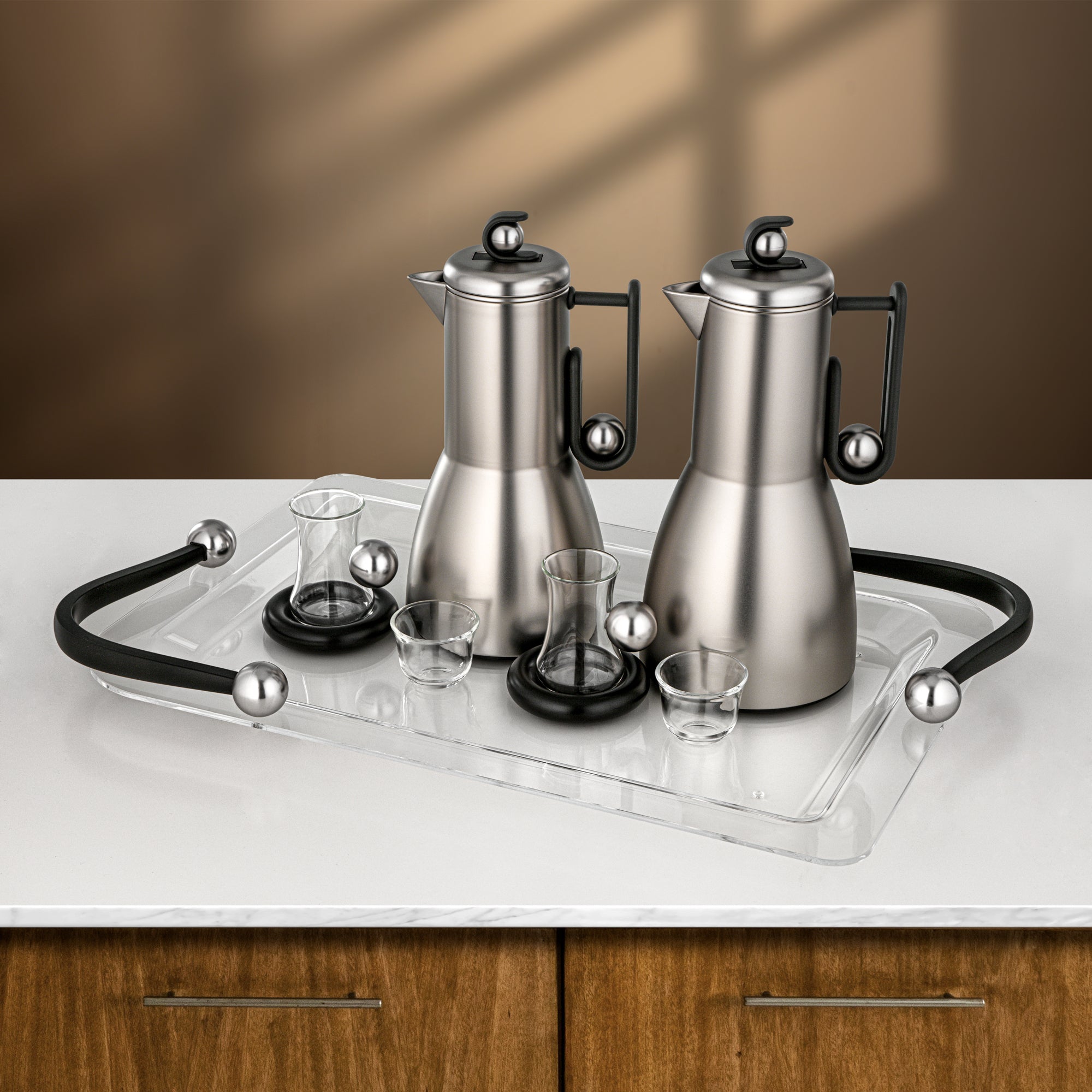 طقم شاي وقهوة المرجان 21 قطعة بلمسة نيكل مطفي وأسود مطفي