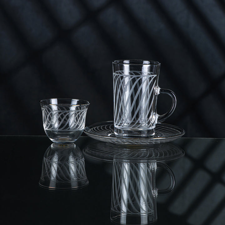 Almarjan 18 Pieces Wave Collection Glass Tea & Coffee Set With Silver Rim - GLS2630039