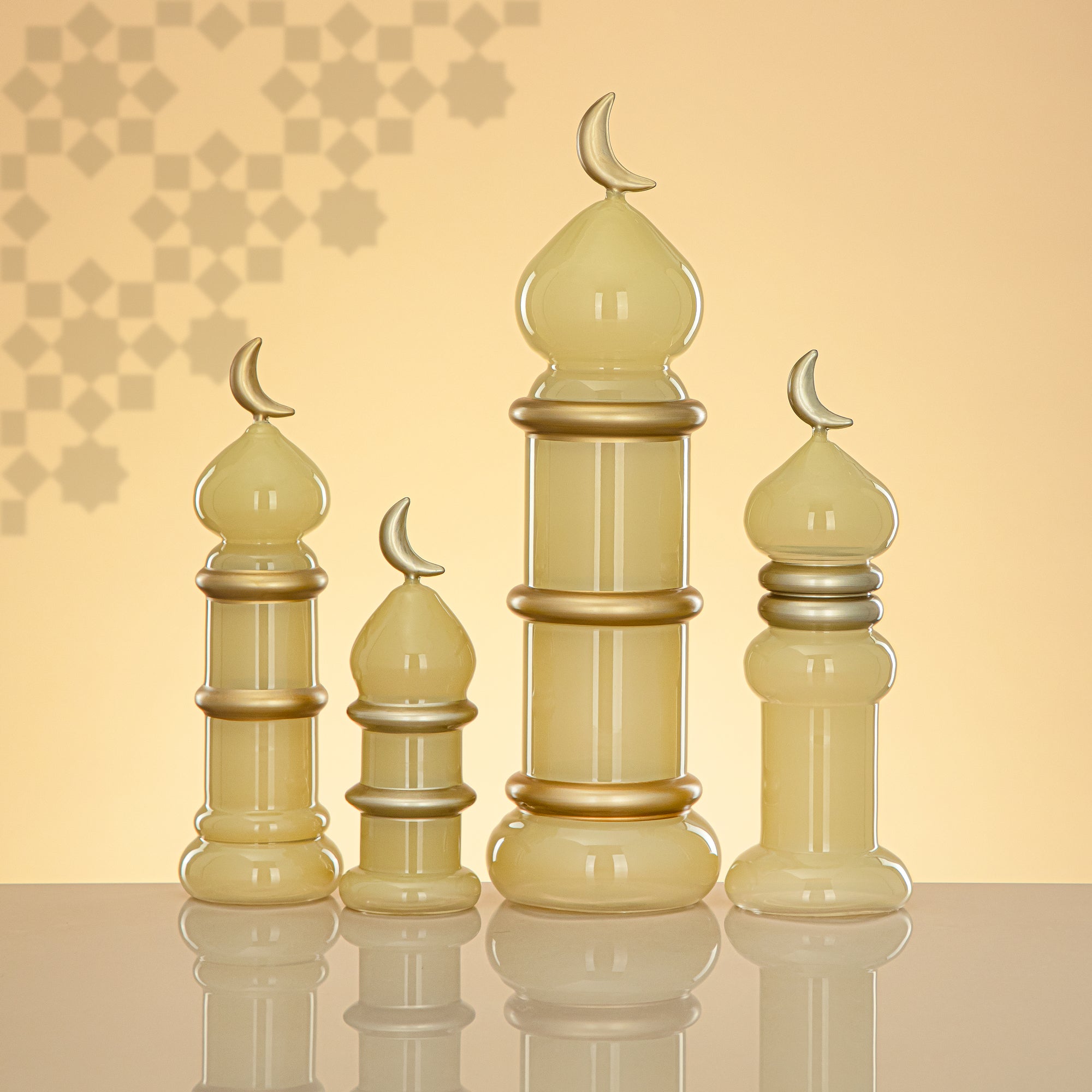 Almarjan Minaret Table Decoration 24cm x 7cm Ivory with Golden Lines & Crescent Moon – Noor Al Layali