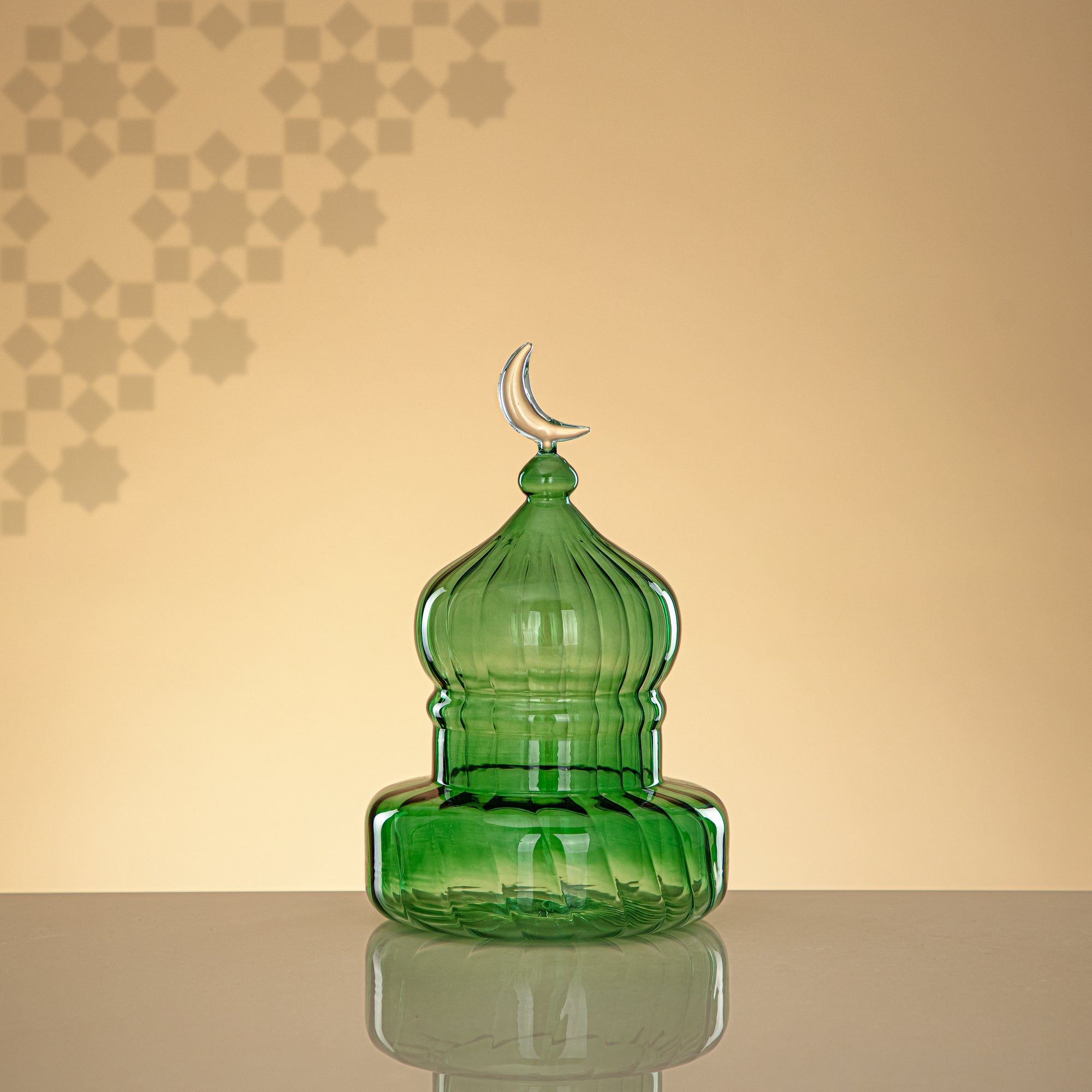 Almarjan Minaret Table Decoration 23cm x 15cm Transparent Green with Clear Crescent Moon – Noor Al Layali
