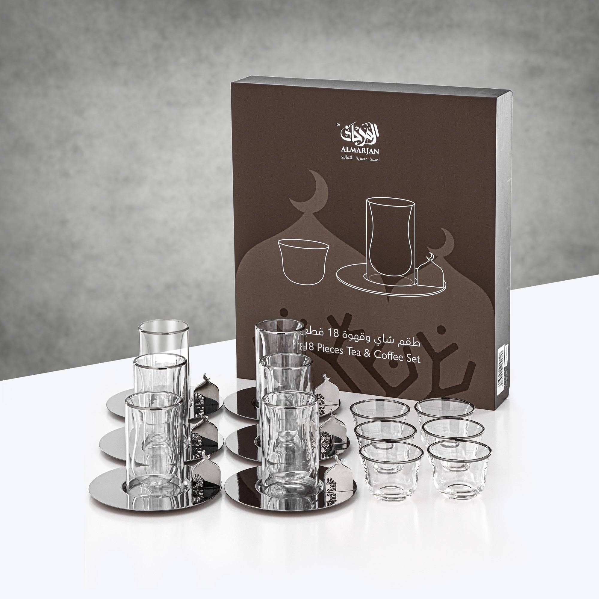 Almarjan Tea & Coffee Set 18 Pieces Clear with Silver Rim