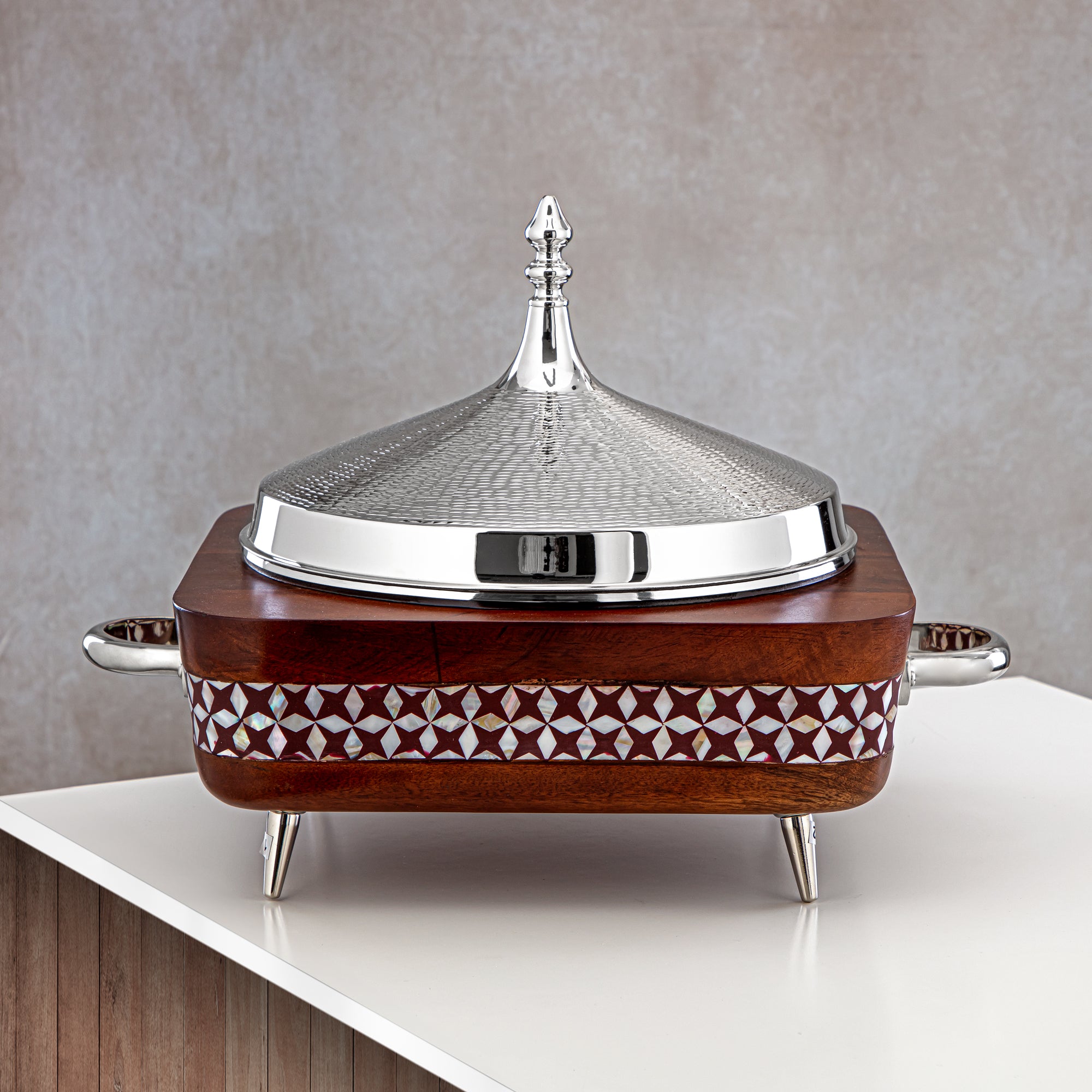 Almarjan 32 CM Brass Hot Pot Wood & Silver - MD-0432 A