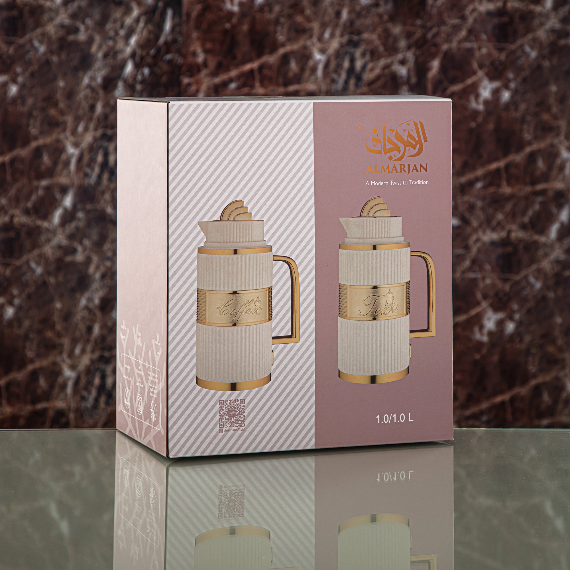 Almarjan Vacuum Flask Set, ABS, Push Button - 1L + 1L, White & Silver (OUD-MWS) - Tea & Coffee