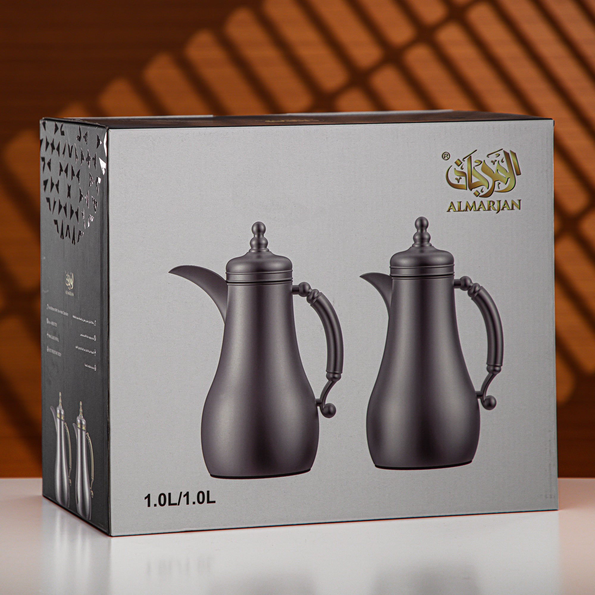 Almarjan Vacuum Flask Set 1L + 1L Black Nickel & Light Wood