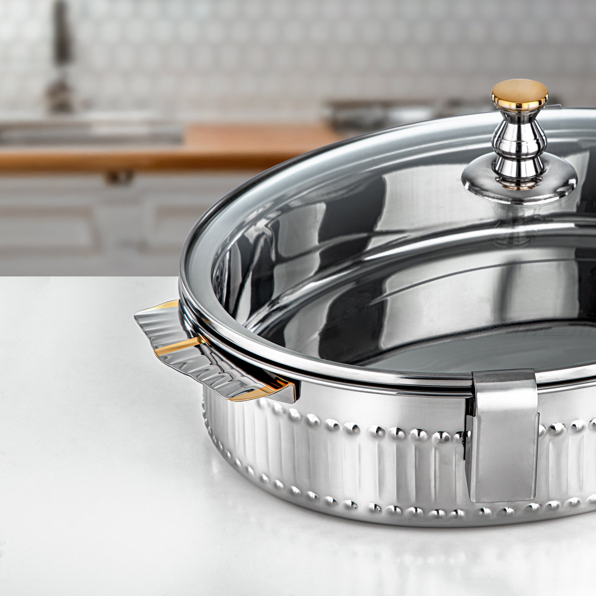 Almarjan Hot Pot Stainless Steel, 30CM (2500ML), Silver & Gold (H25M5G) - Mandi Collection