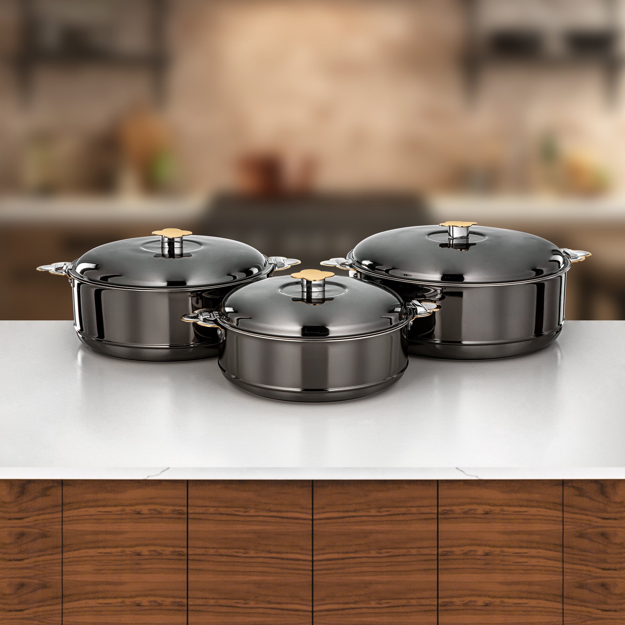 Almarjan Vida Hot Pot Set 3 Pieces 3.5L, 5L & 8L Gun Black & Gold