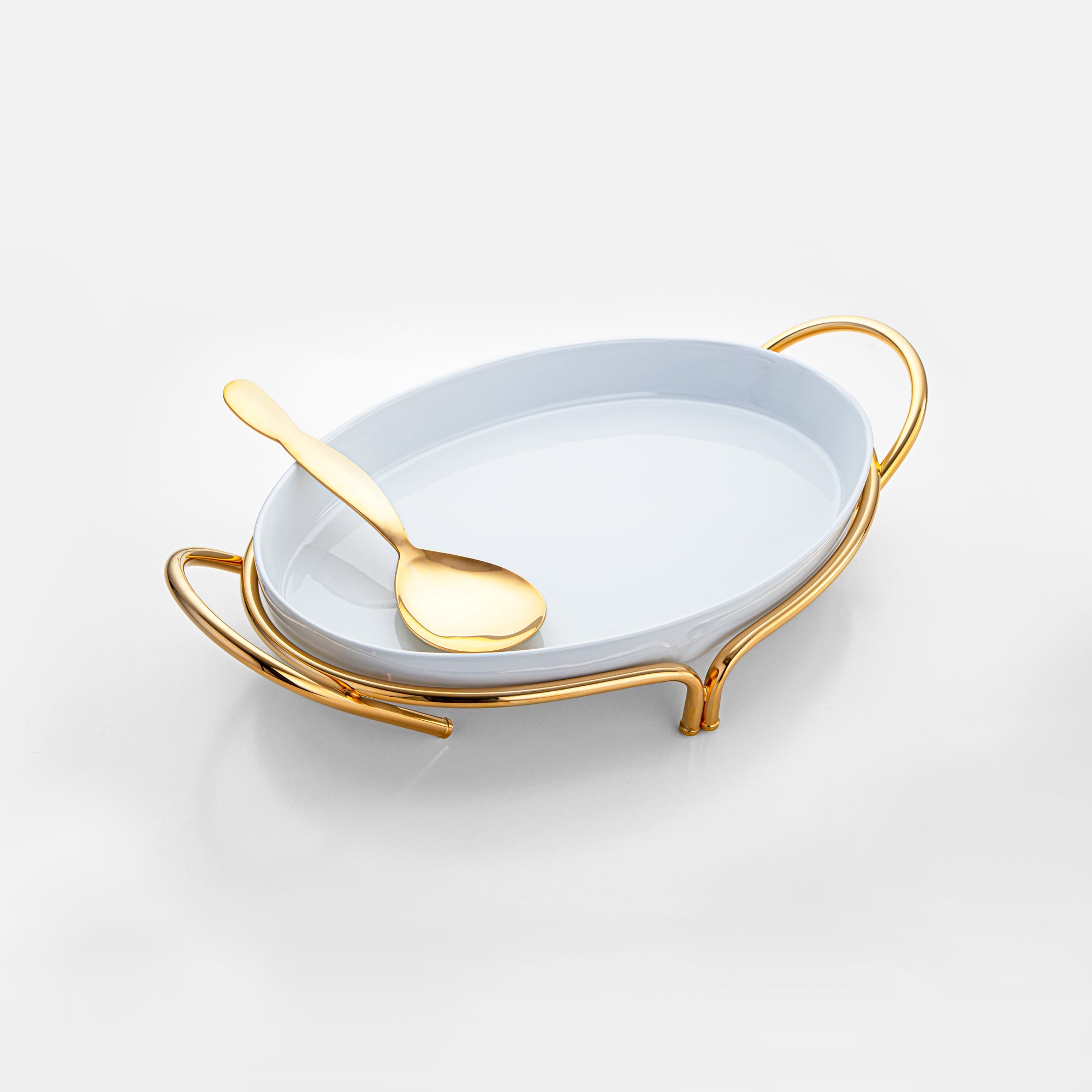 Almarjan Gold-Plated Oval Serving Tray with Porcelain Bowl - 45CM, Made in Italy