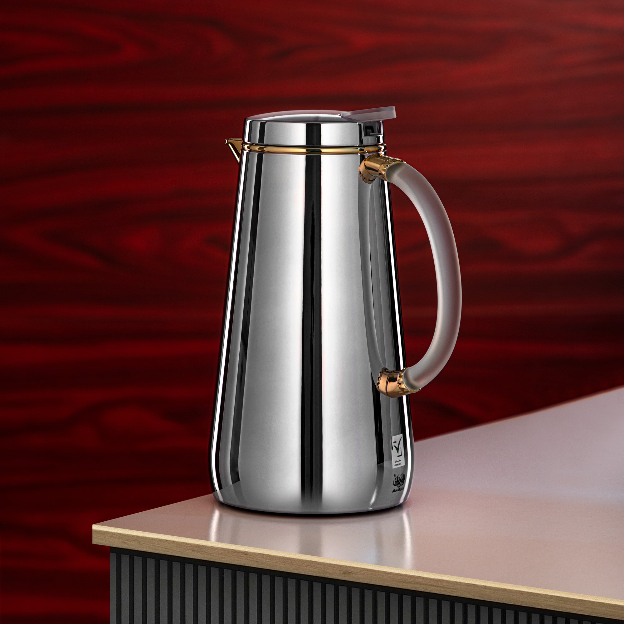 تيرمس المرجان معدن 1 لتر فضي مع صنبور ذهبي ومقبض فروست (VOP-1000 CC95Y15) – تقديم أنيق | رمضان و التجمعات