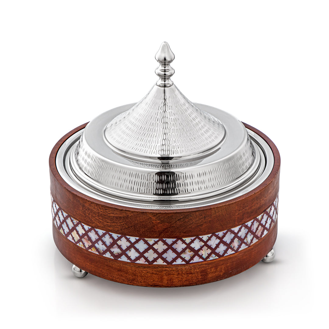 Almarjan 28 CM Stainless Steel Food Warmer Wood & Silver - MD-2943B-G